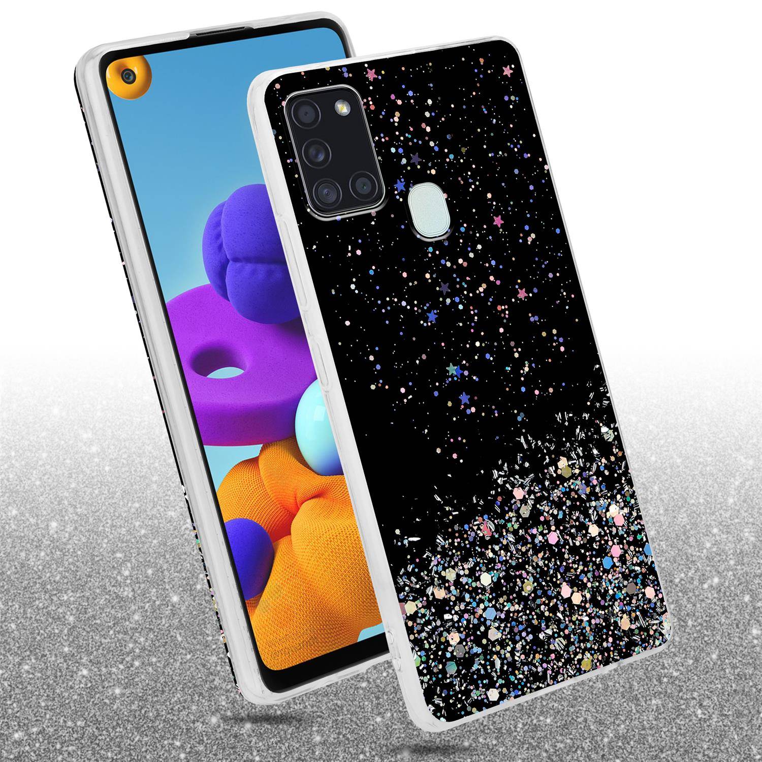Cadorabo Hülle für Samsung Galaxy A21s Schutz Hülle in Schwarz Handyhülle TPU Etui Glitter Cover Case Glitzer