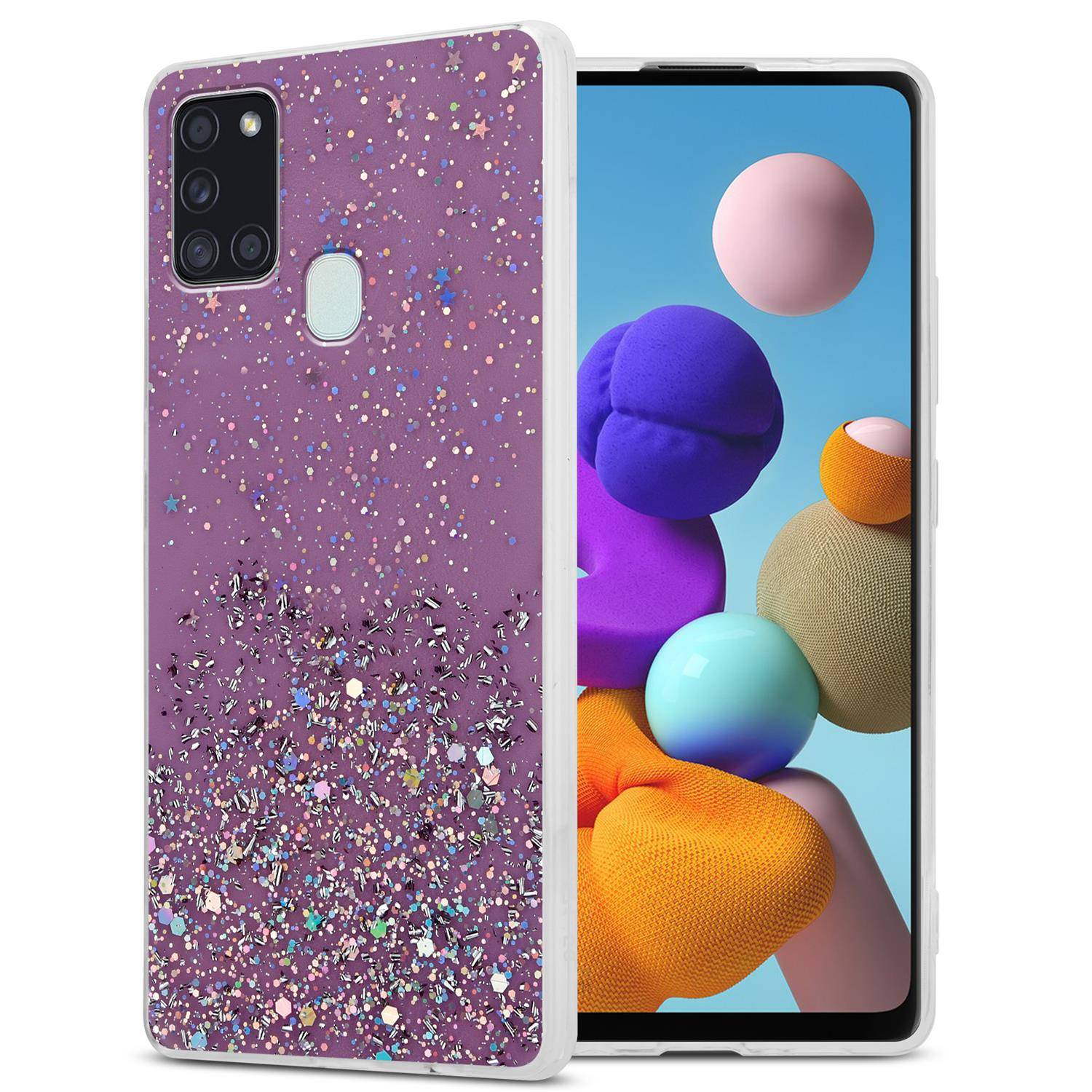 Cadorabo Hülle für Samsung Galaxy A21s Schutz Hülle in Lila Handyhülle TPU Etui Glitter Cover Case Glitzer