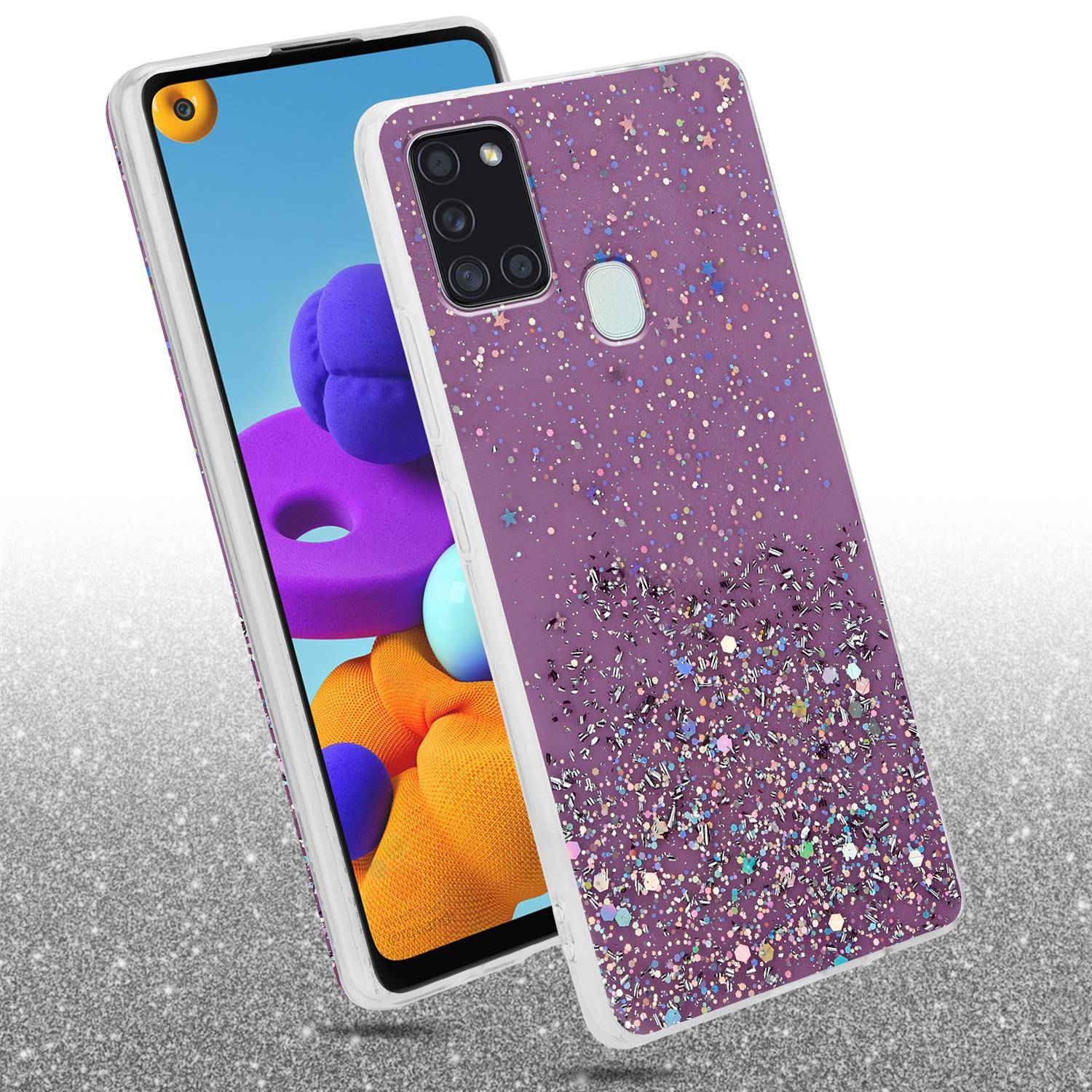 Cadorabo Hülle für Samsung Galaxy A21s Schutz Hülle in Lila Handyhülle TPU Etui Glitter Cover Case Glitzer