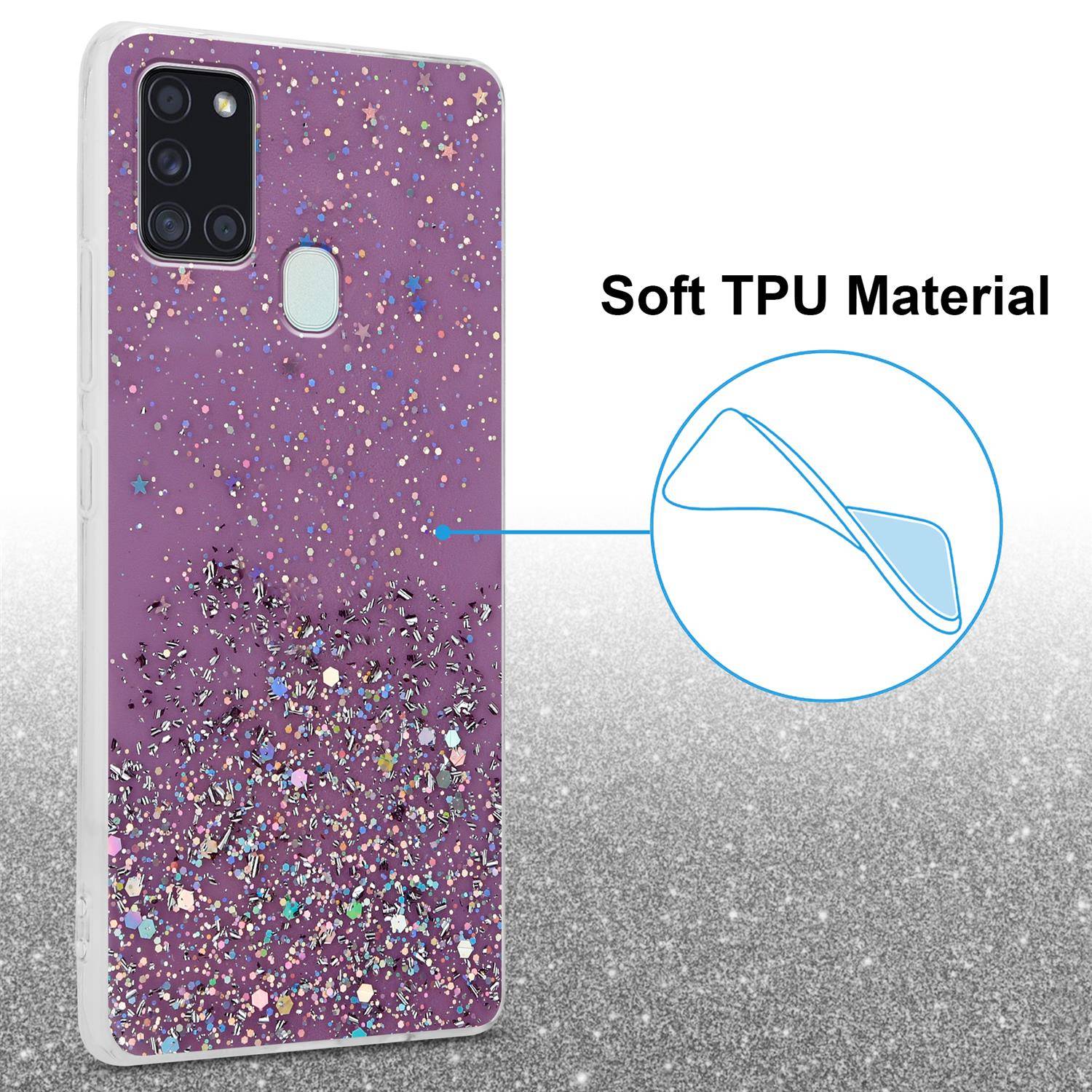 Cadorabo Hülle für Samsung Galaxy A21s Schutz Hülle in Lila Handyhülle TPU Etui Glitter Cover Case Glitzer