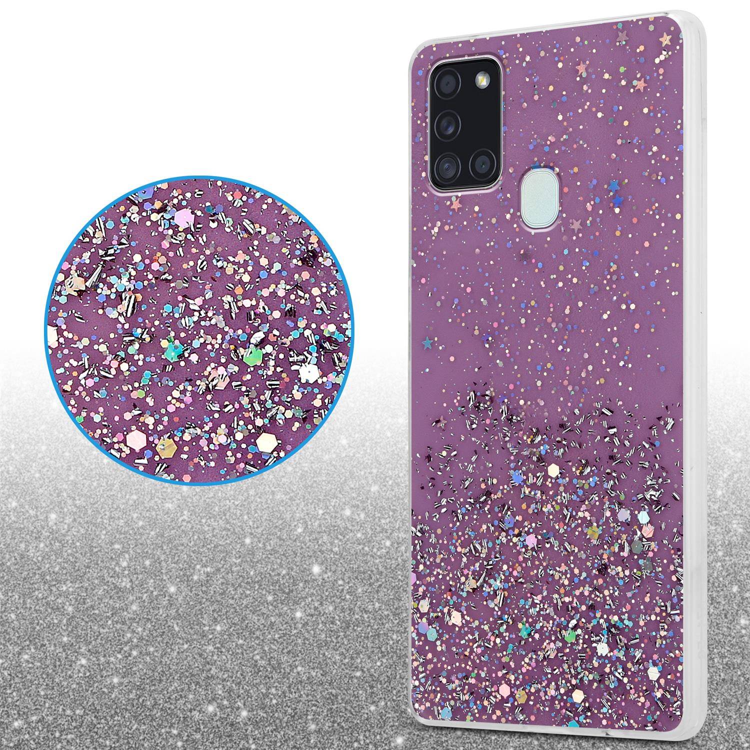 Cadorabo Hülle für Samsung Galaxy A21s Schutz Hülle in Lila Handyhülle TPU Etui Glitter Cover Case Glitzer