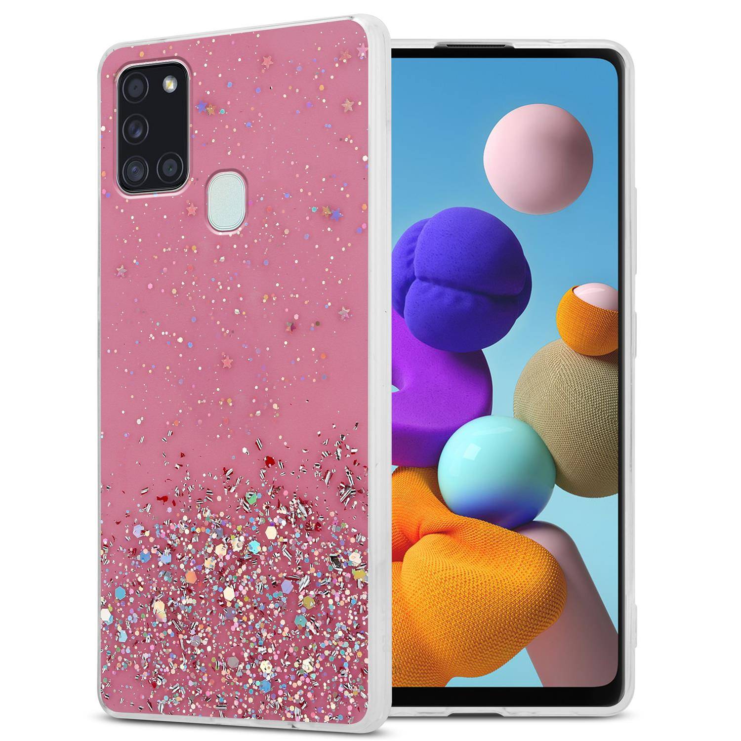 Cadorabo Hülle für Samsung Galaxy A21s Schutz Hülle in Rosa Handyhülle TPU Etui Glitter Cover Case Glitzer