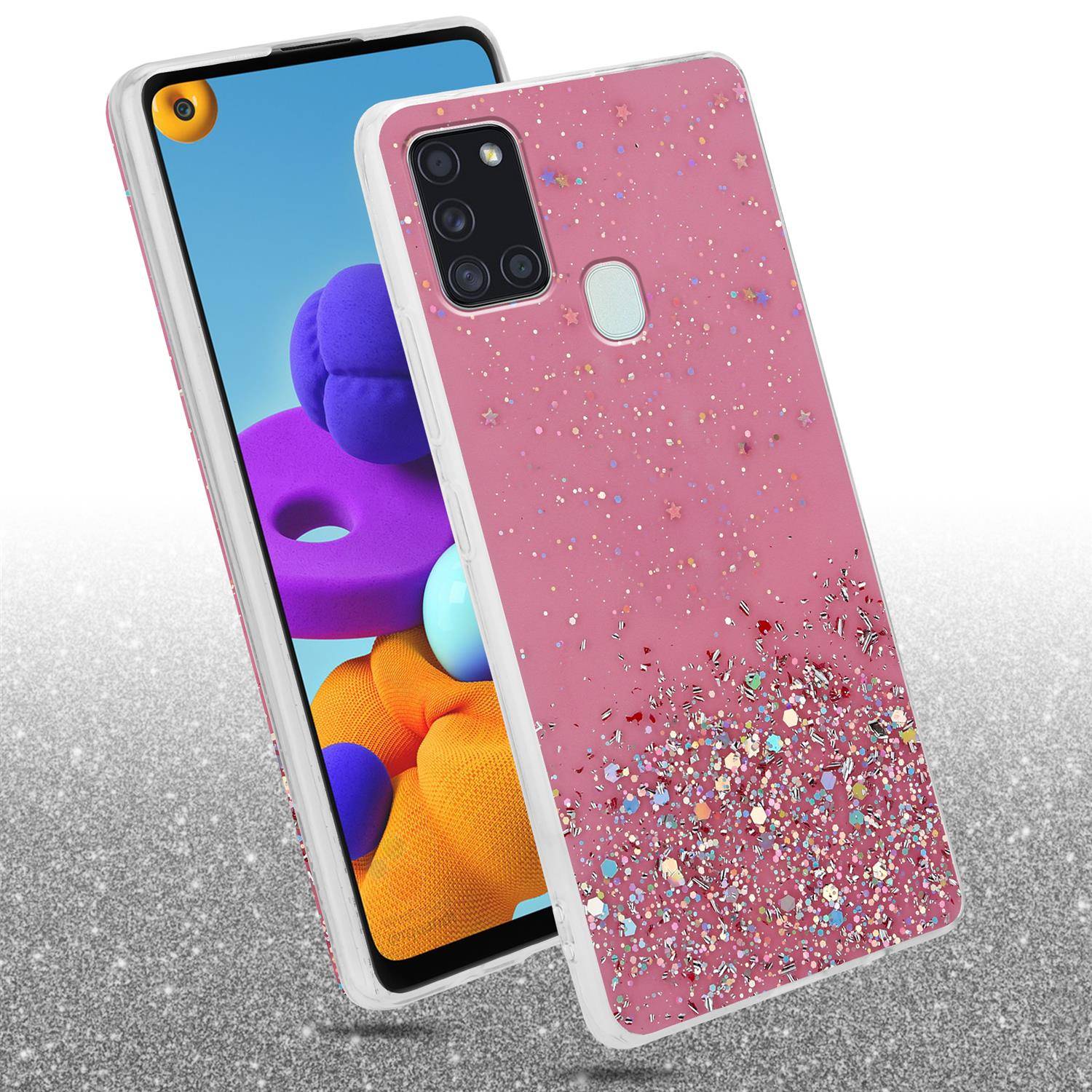 Cadorabo Hülle für Samsung Galaxy A21s Schutz Hülle in Rosa Handyhülle TPU Etui Glitter Cover Case Glitzer