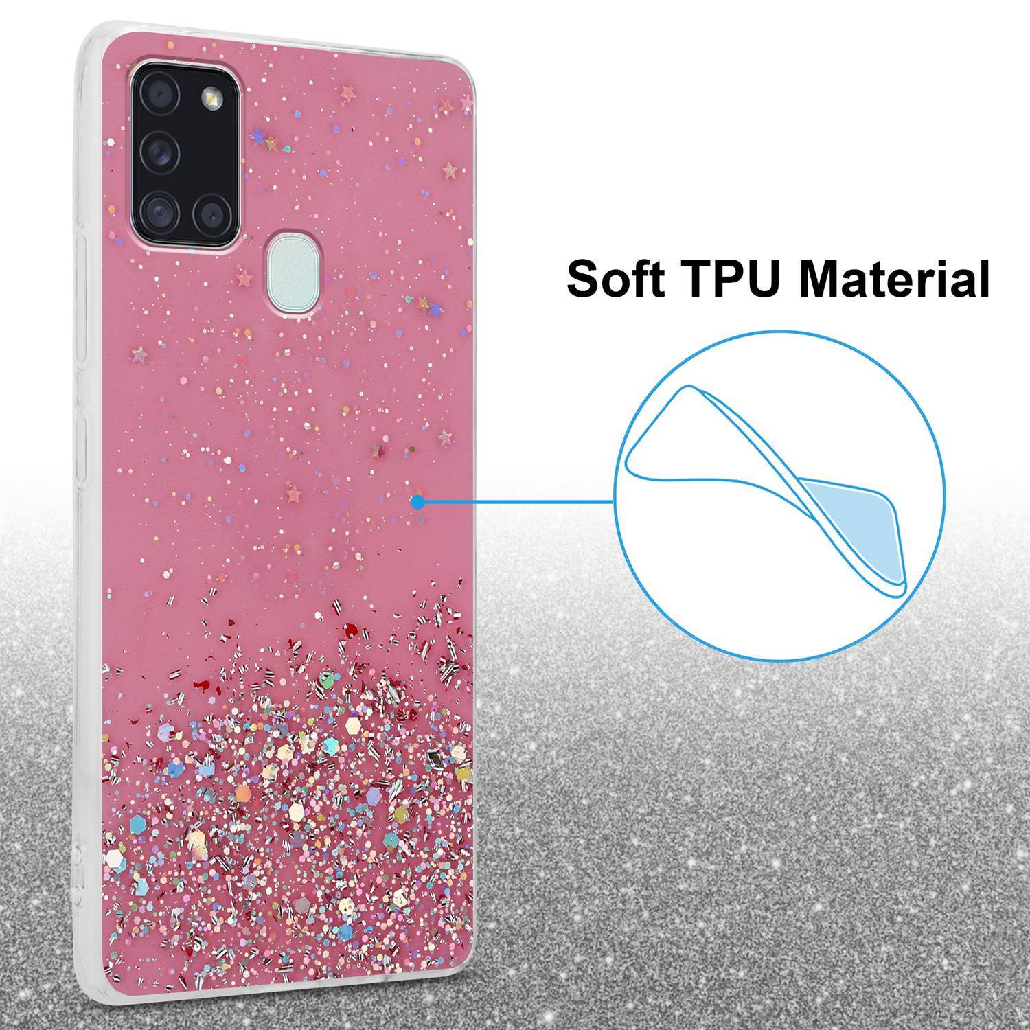 Cadorabo Hülle für Samsung Galaxy A21s Schutz Hülle in Rosa Handyhülle TPU Etui Glitter Cover Case Glitzer