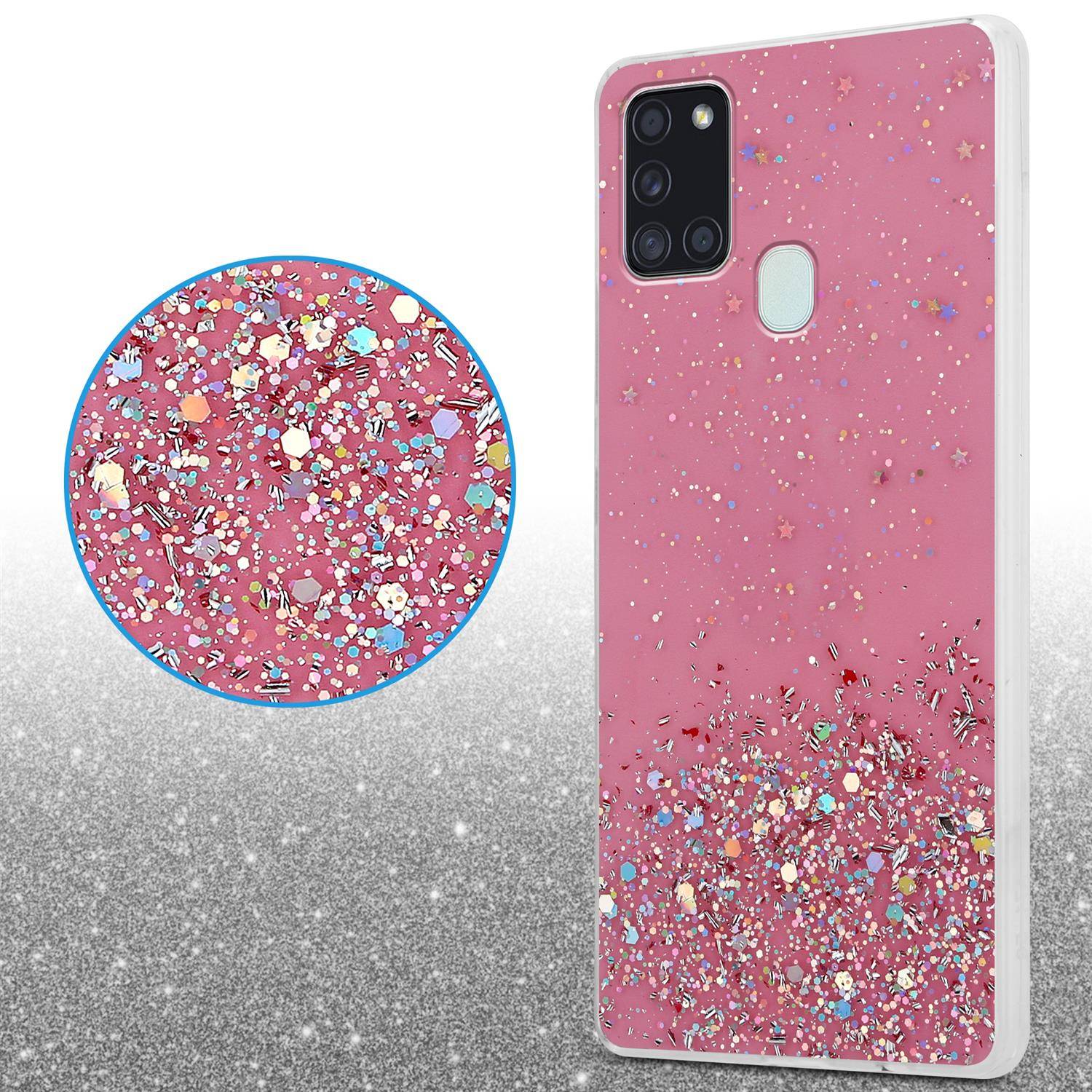 Cadorabo Hülle für Samsung Galaxy A21s Schutz Hülle in Rosa Handyhülle TPU Etui Glitter Cover Case Glitzer