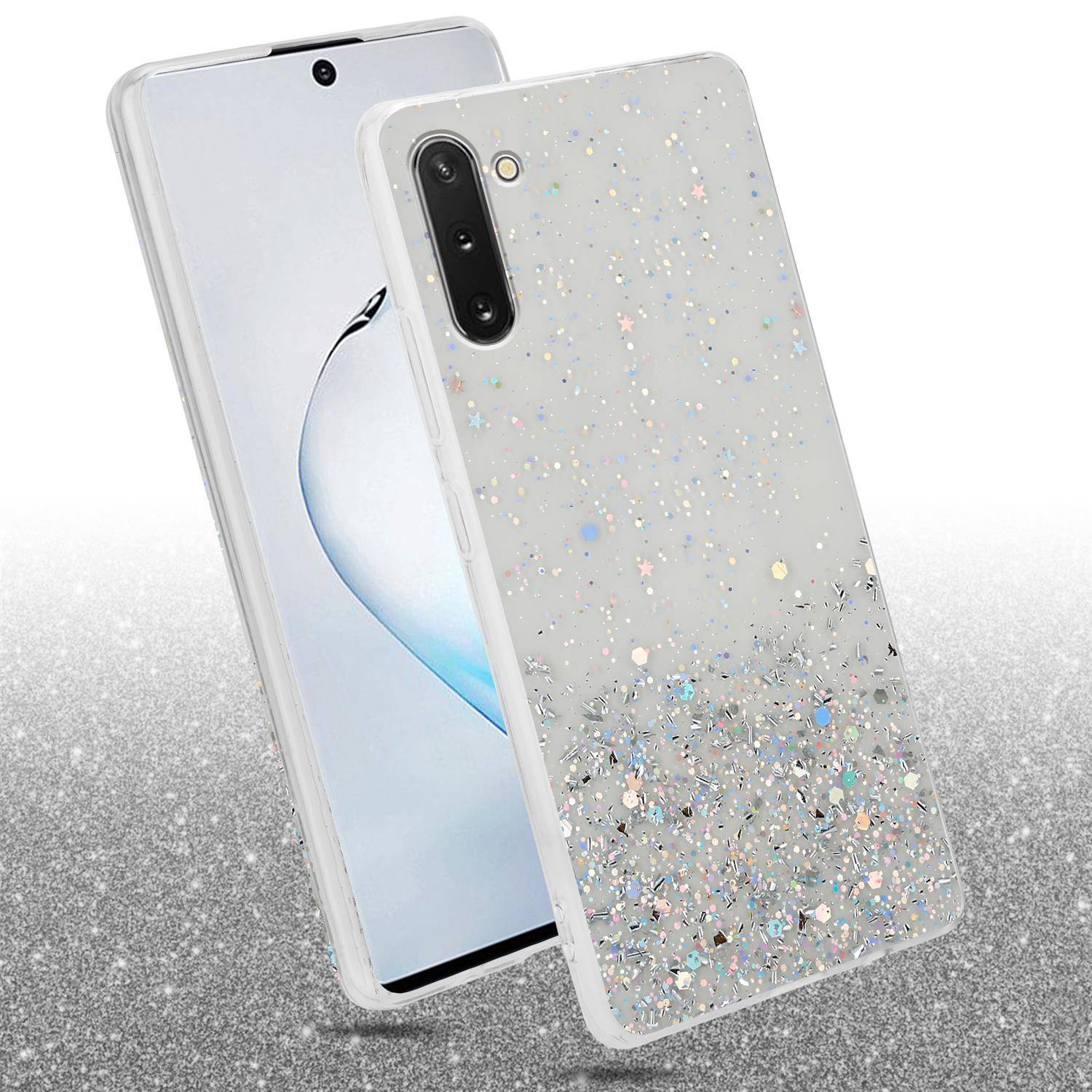 Cadorabo Hülle für Samsung Galaxy NOTE 10 Schutz Hülle in Transparent Handyhülle TPU Etui Glitter Cover Case Glitzer