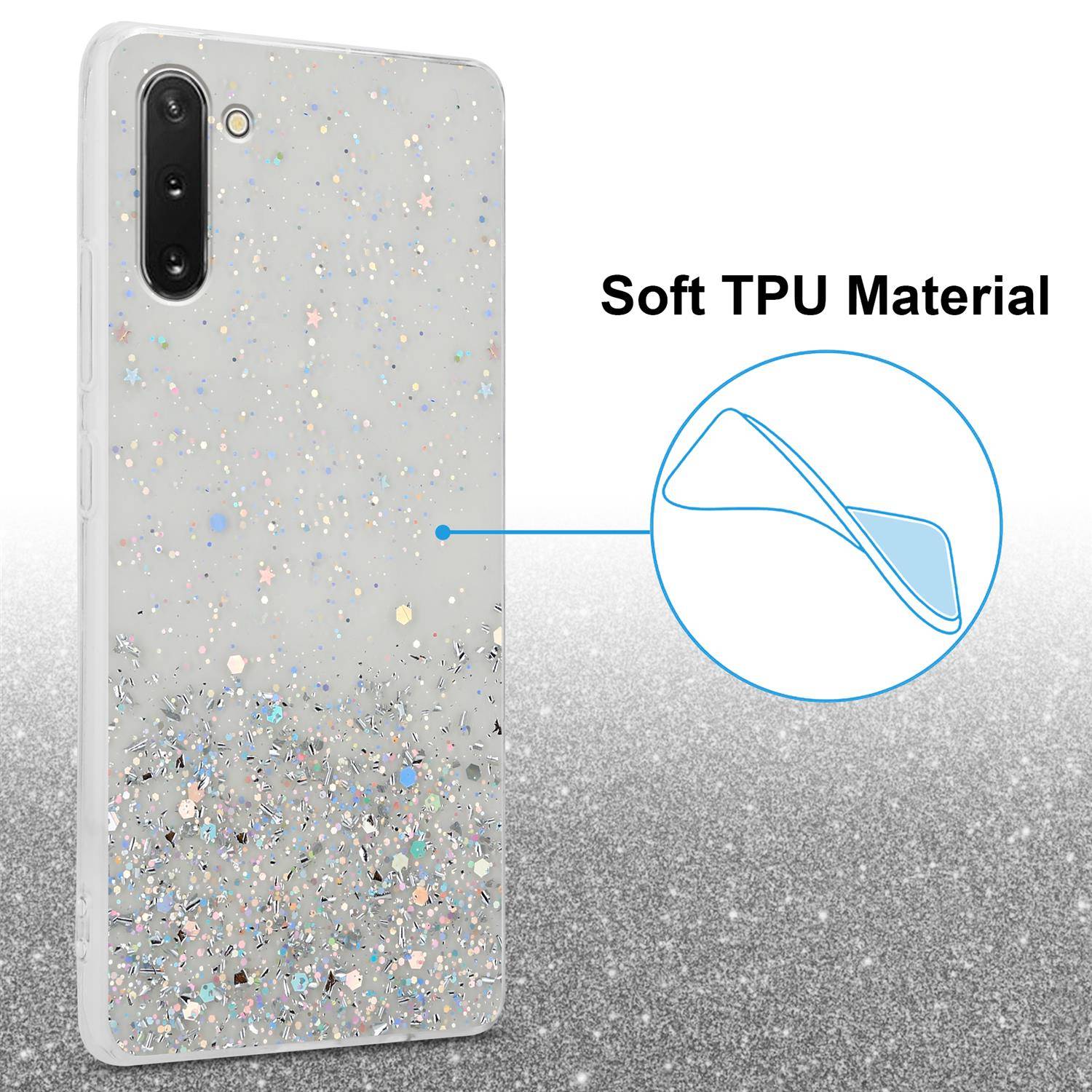 Cadorabo Hülle für Samsung Galaxy NOTE 10 Schutz Hülle in Transparent Handyhülle TPU Etui Glitter Cover Case Glitzer