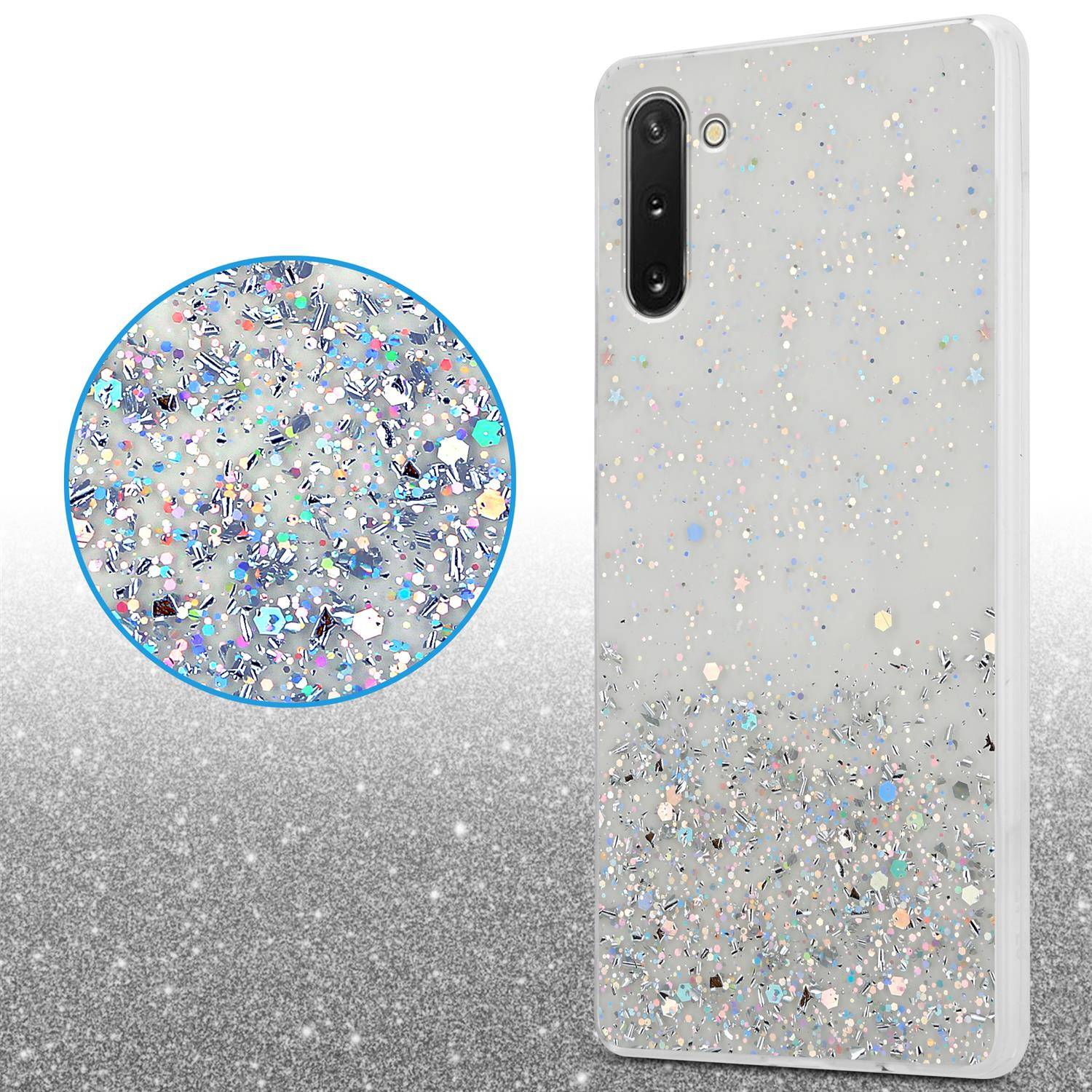 Cadorabo Hülle für Samsung Galaxy NOTE 10 Schutz Hülle in Transparent Handyhülle TPU Etui Glitter Cover Case Glitzer