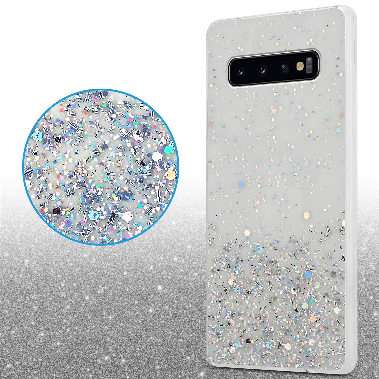 Cadorabo Hülle für Samsung Galaxy S10 4G Schutz Hülle in Transparent Handyhülle TPU Etui Glitter Cover Case Glitzer