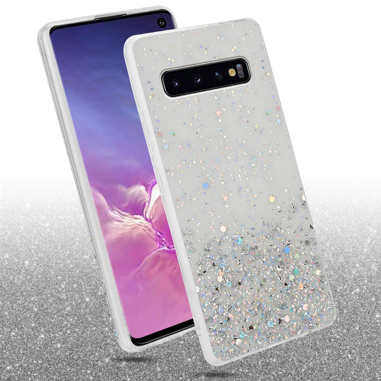 Cadorabo Hülle für Samsung Galaxy S10 4G Schutz Hülle in Transparent Handyhülle TPU Etui Glitter Cover Case Glitzer