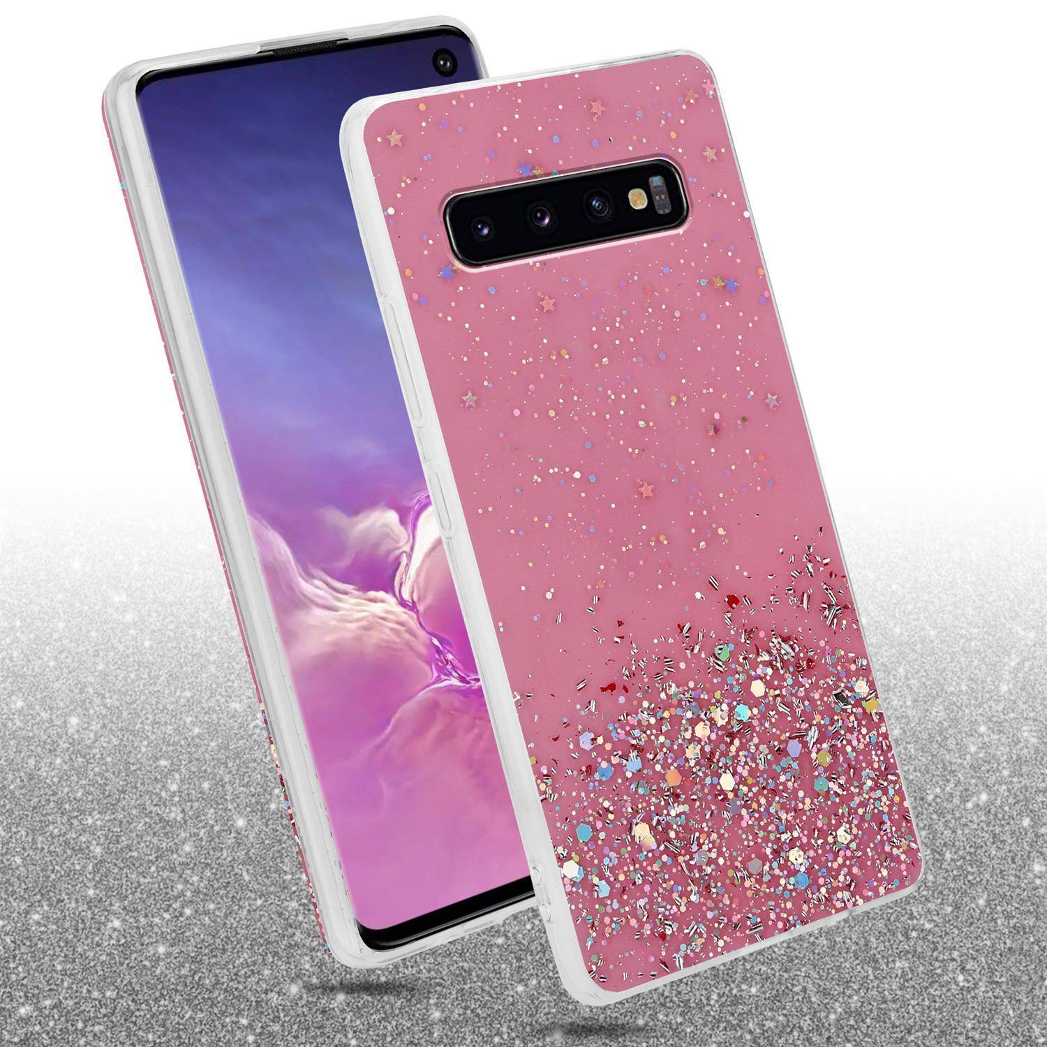 Cadorabo Hülle für Samsung Galaxy S10 4G Schutz Hülle in Rosa Handyhülle TPU Etui Glitter Cover Case Glitzer