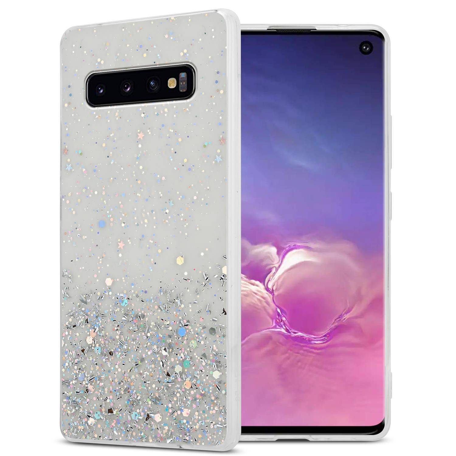 Cadorabo Hülle für Samsung Galaxy S10 PLUS Schutz Hülle in Transparent Handyhülle TPU Etui Glitter Cover Case Glitzer