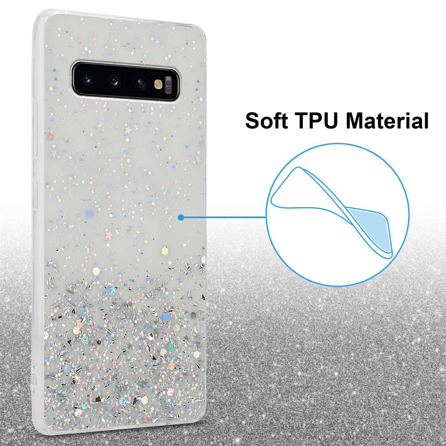 Cadorabo Hülle für Samsung Galaxy S10 PLUS Schutz Hülle in Transparent Handyhülle TPU Etui Glitter Cover Case Glitzer