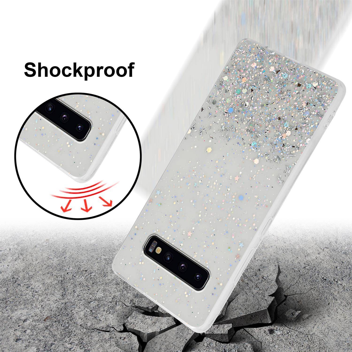 Cadorabo Hülle für Samsung Galaxy S10 PLUS Schutz Hülle in Transparent Handyhülle TPU Etui Glitter Cover Case Glitzer