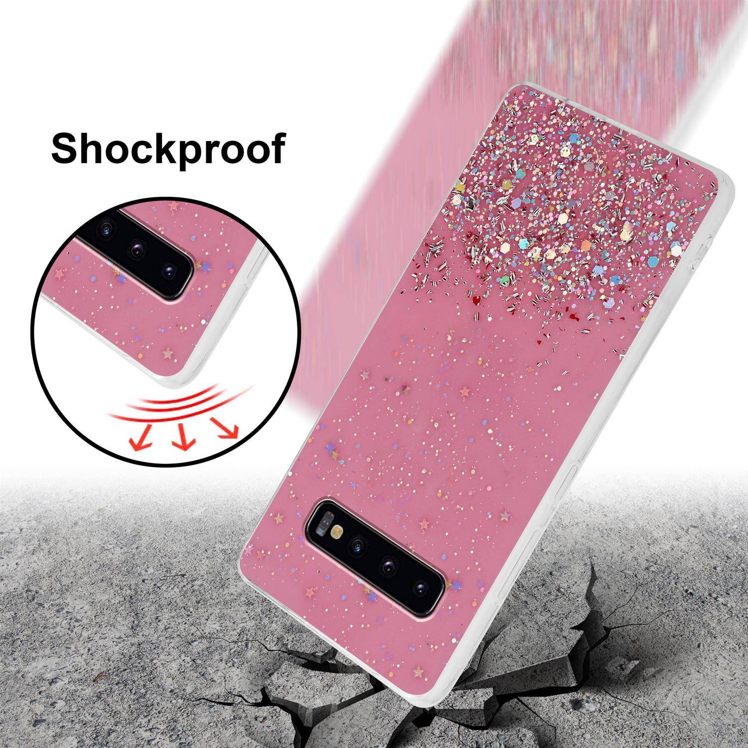 Cadorabo Hülle für Samsung Galaxy S10 PLUS Schutz Hülle in Rosa Handyhülle TPU Etui Glitter Cover Case Glitzer