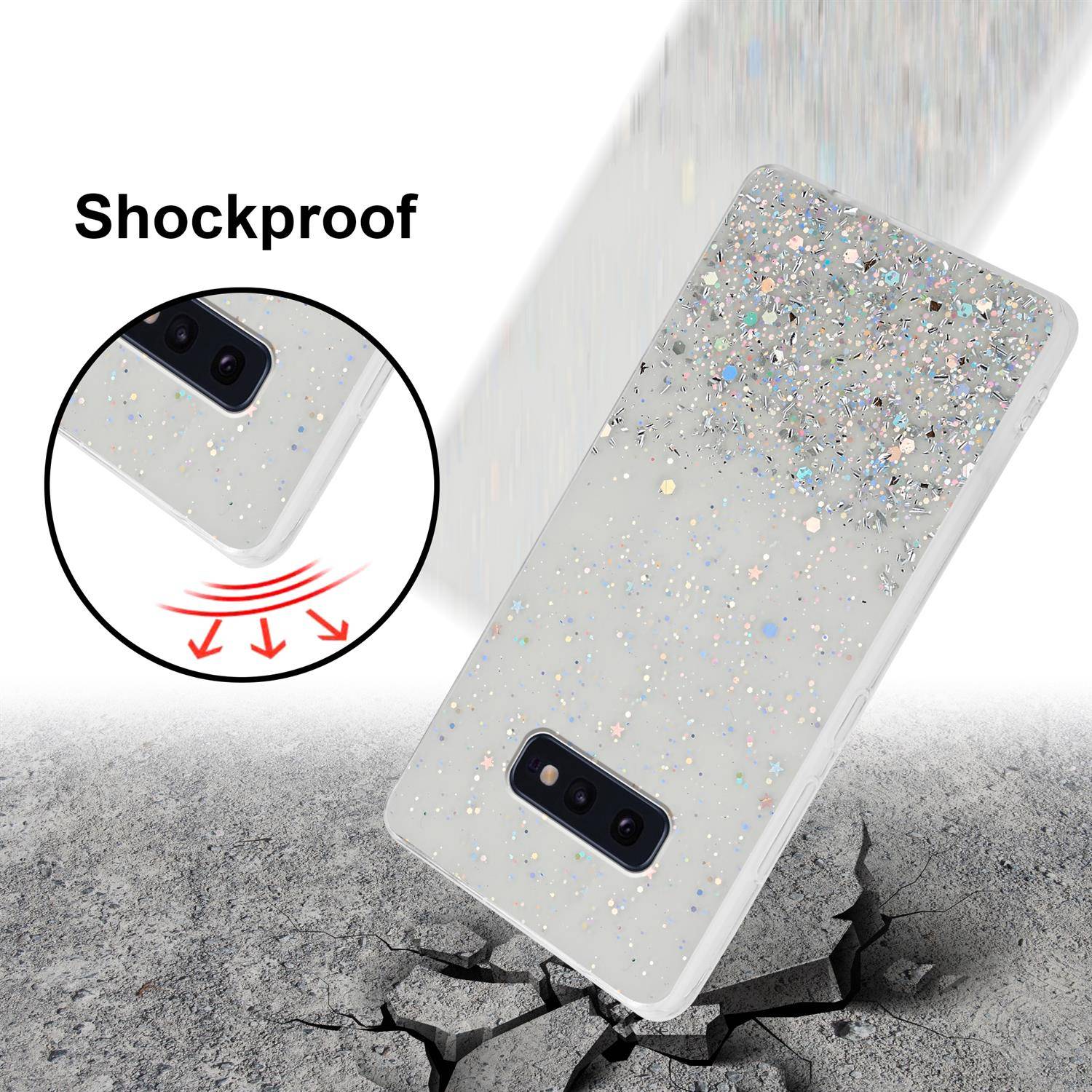 Cadorabo Hülle für Samsung Galaxy S10e Schutz Hülle in Transparent Handyhülle TPU Etui Glitter Cover Case Glitzer