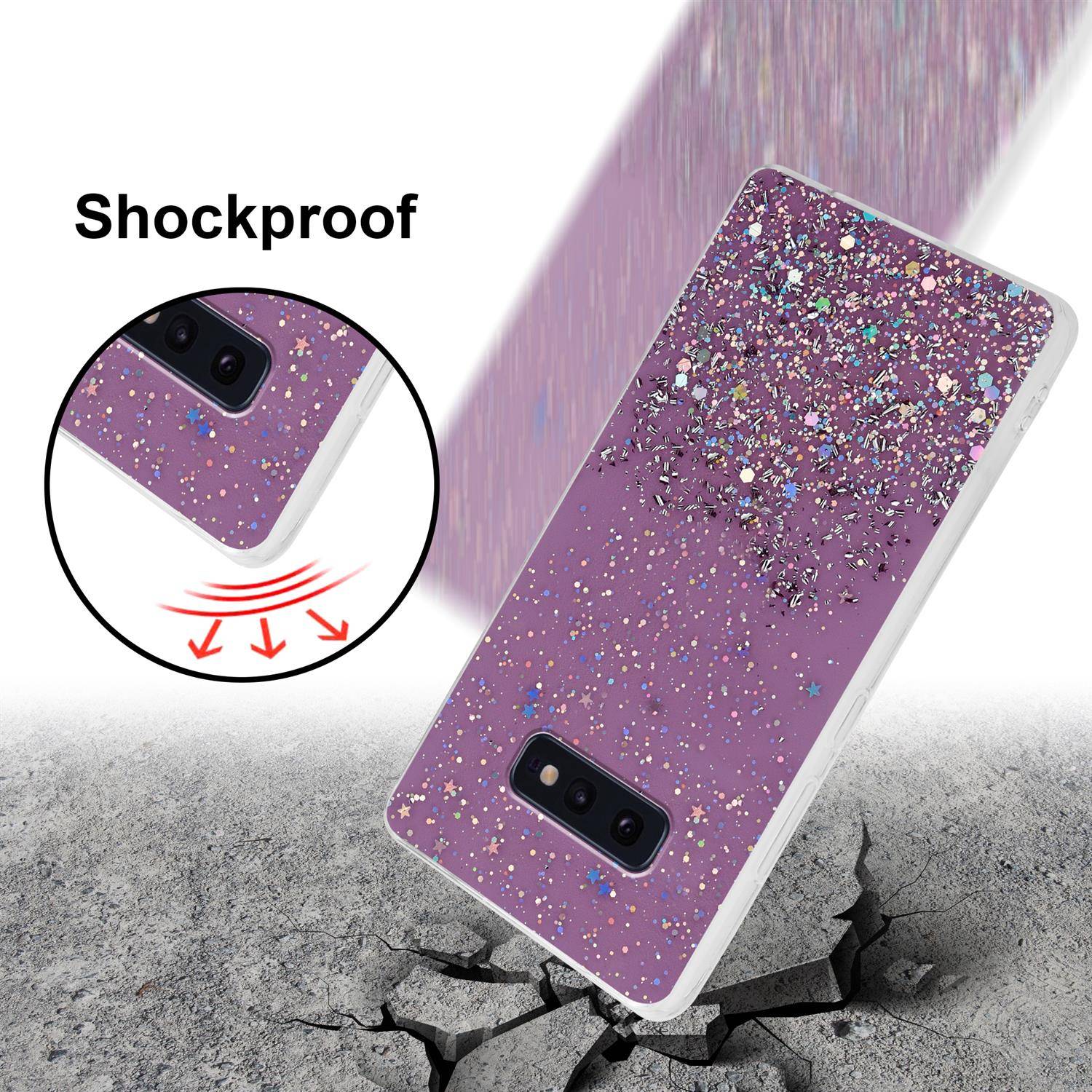 Cadorabo Hülle für Samsung Galaxy S10e Schutz Hülle in Lila Handyhülle TPU Etui Glitter Cover Case Glitzer