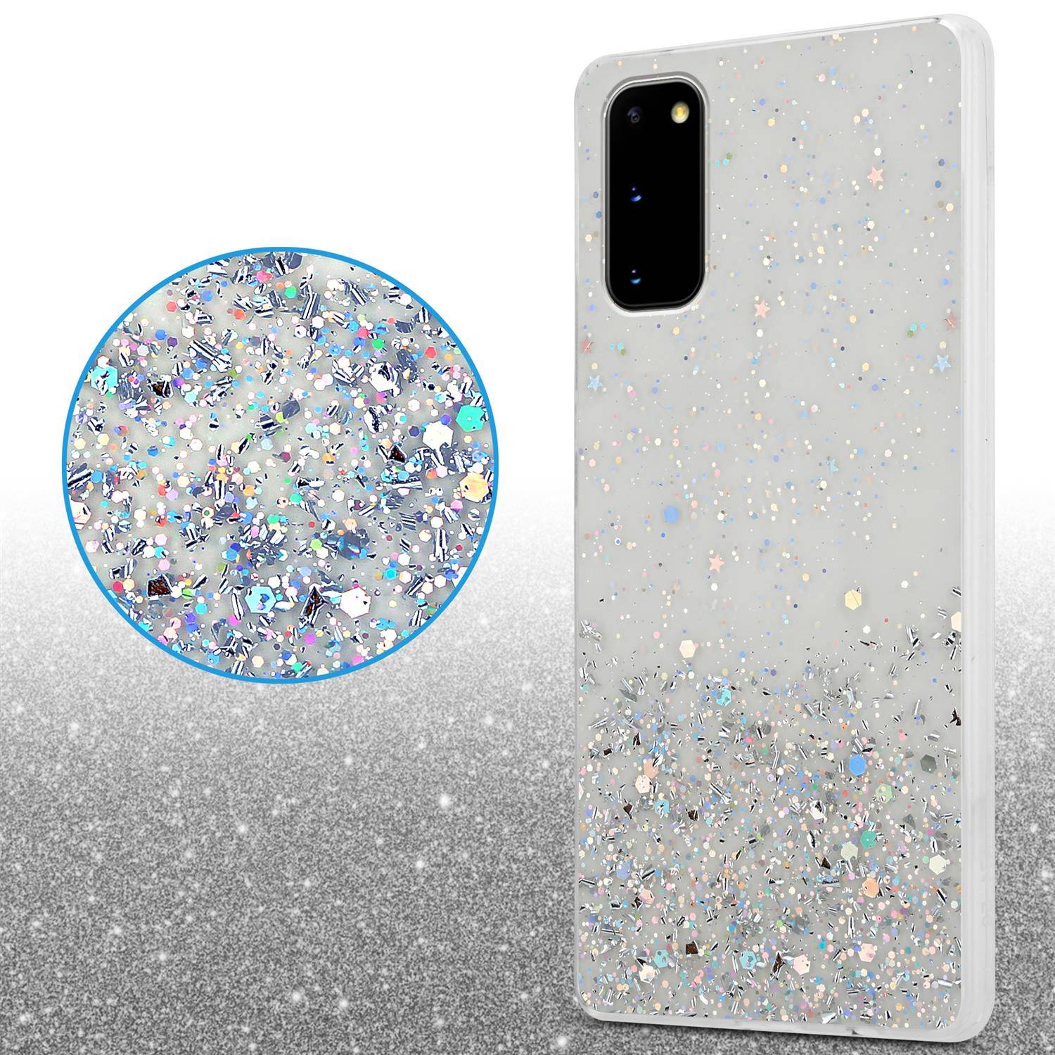 Cadorabo Hülle für Samsung Galaxy S20 Schutz Hülle in Transparent Handyhülle TPU Etui Glitter Cover Case Glitzer