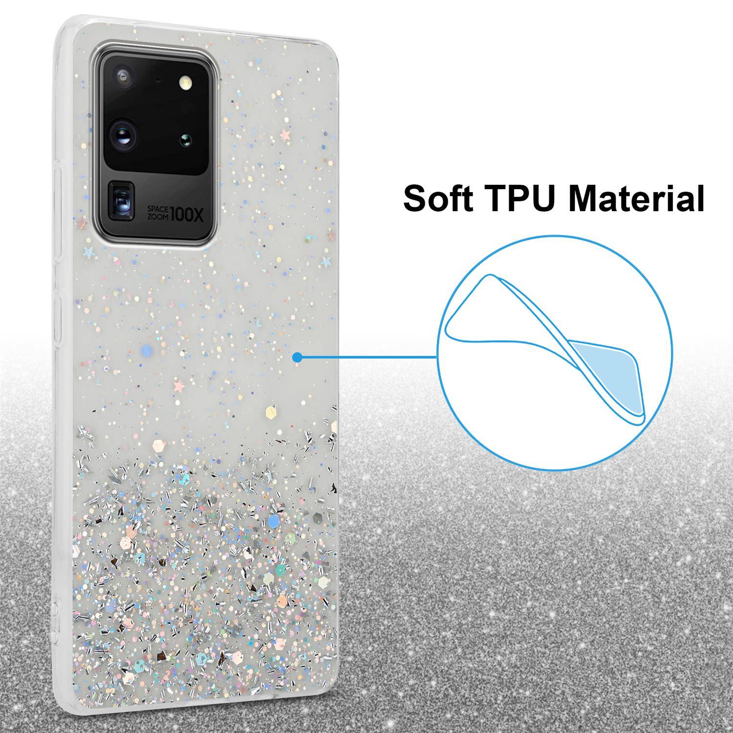 Cadorabo Hülle für Samsung Galaxy S20 ULTRA Schutz Hülle in Transparent Handyhülle TPU Etui Glitter Cover Case Glitzer