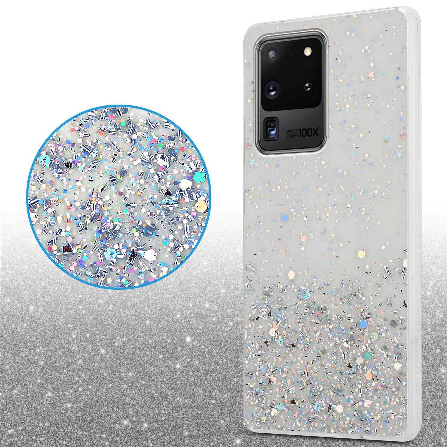 Cadorabo Hülle für Samsung Galaxy S20 ULTRA Schutz Hülle in Transparent Handyhülle TPU Etui Glitter Cover Case Glitzer
