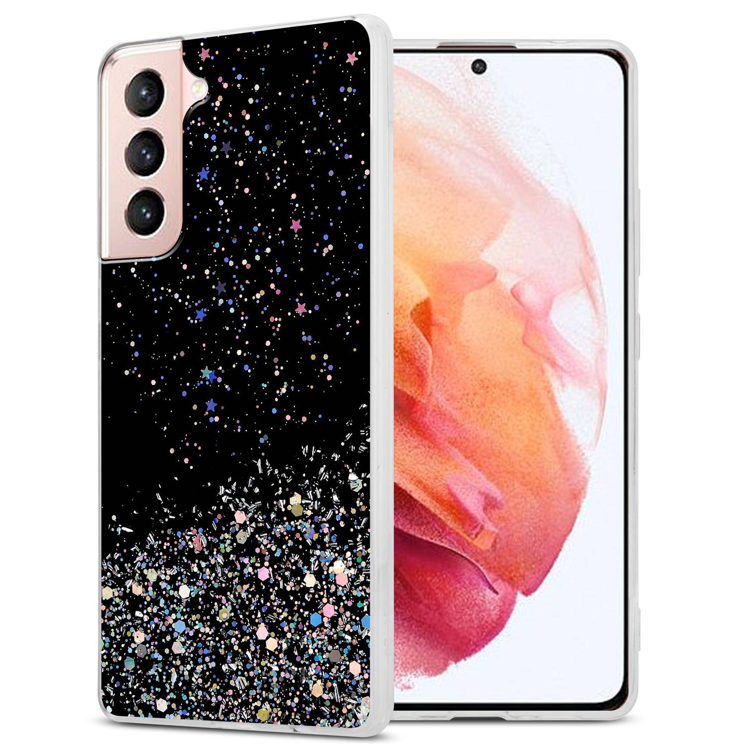Cadorabo Hülle für Samsung Galaxy S21 5G Schutz Hülle in Schwarz Handyhülle TPU Etui Glitter Cover Case Glitzer