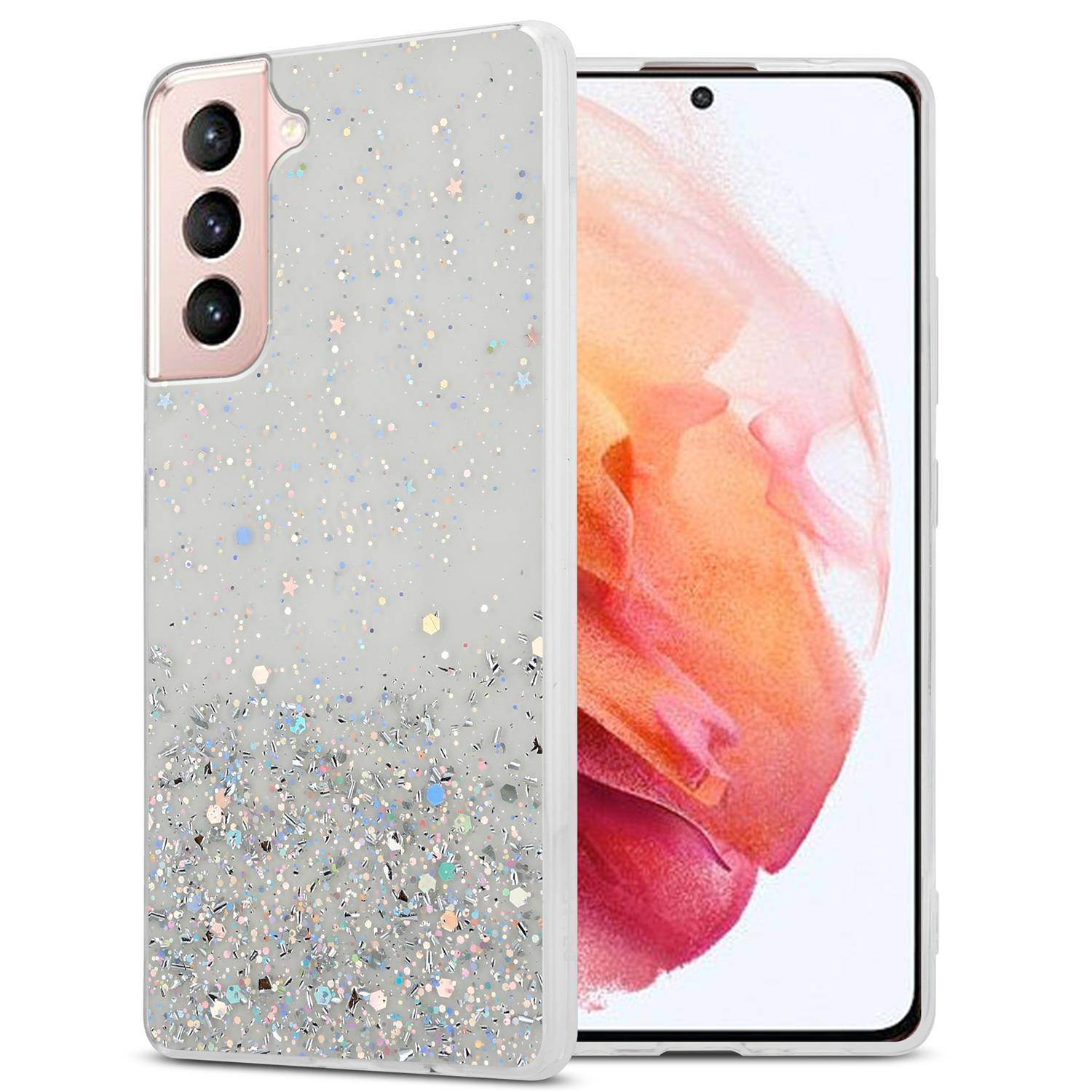 Cadorabo Hülle für Samsung Galaxy S21 5G Schutz Hülle in Transparent Handyhülle TPU Etui Glitter Cover Case Glitzer