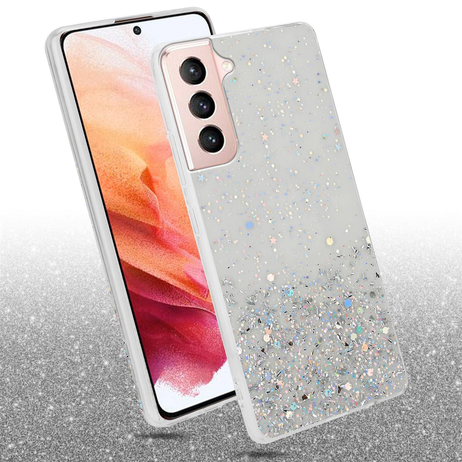 Cadorabo Hülle für Samsung Galaxy S21 5G Schutz Hülle in Transparent Handyhülle TPU Etui Glitter Cover Case Glitzer