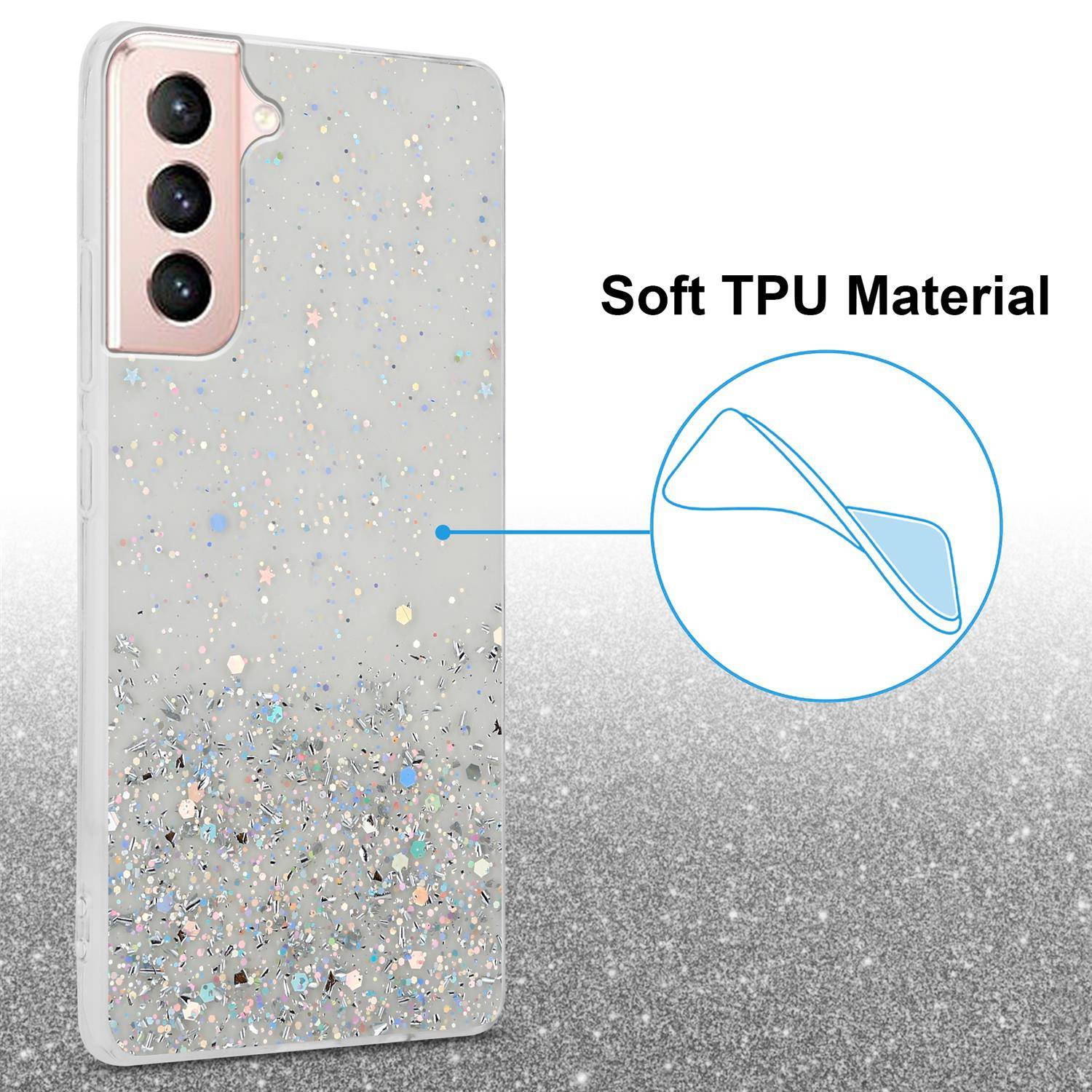 Cadorabo Hülle für Samsung Galaxy S21 5G Schutz Hülle in Transparent Handyhülle TPU Etui Glitter Cover Case Glitzer