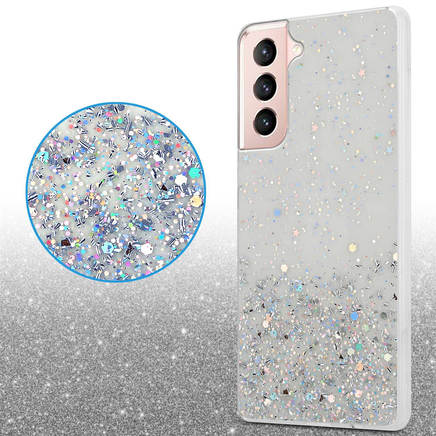 Cadorabo Hülle für Samsung Galaxy S21 5G Schutz Hülle in Transparent Handyhülle TPU Etui Glitter Cover Case Glitzer