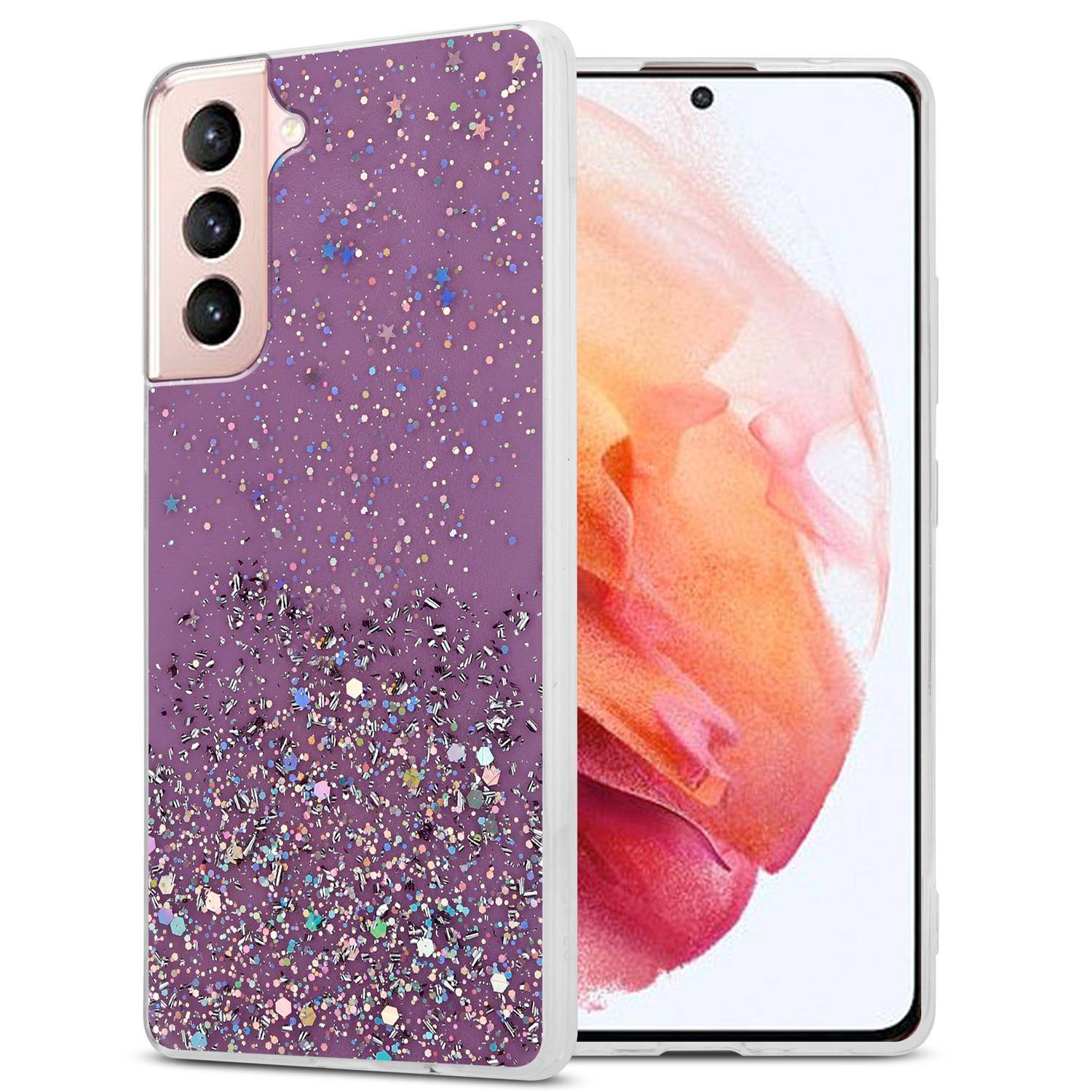 Cadorabo Hülle für Samsung Galaxy S21 5G Schutz Hülle in Lila Handyhülle TPU Etui Glitter Cover Case Glitzer