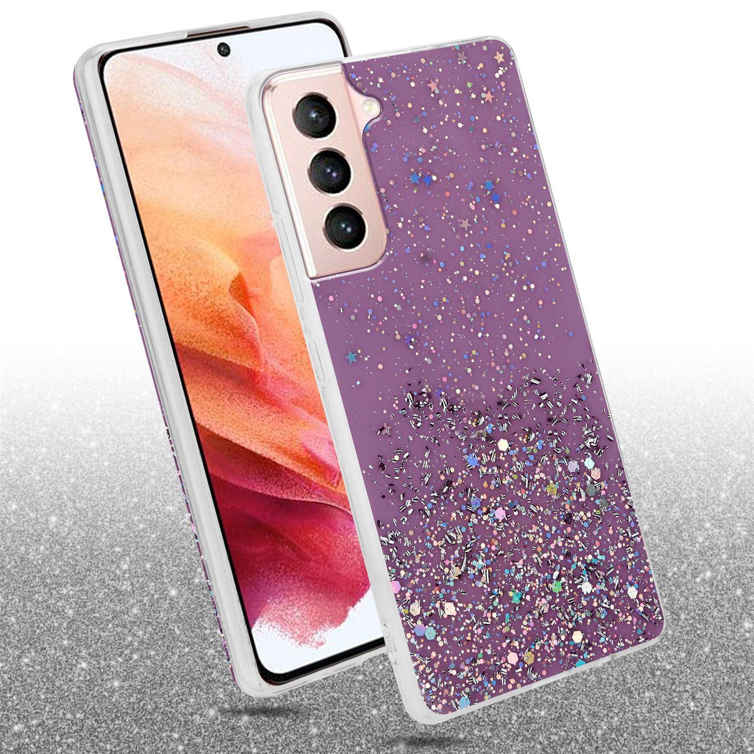 Cadorabo Hülle für Samsung Galaxy S21 5G Schutz Hülle in Lila Handyhülle TPU Etui Glitter Cover Case Glitzer