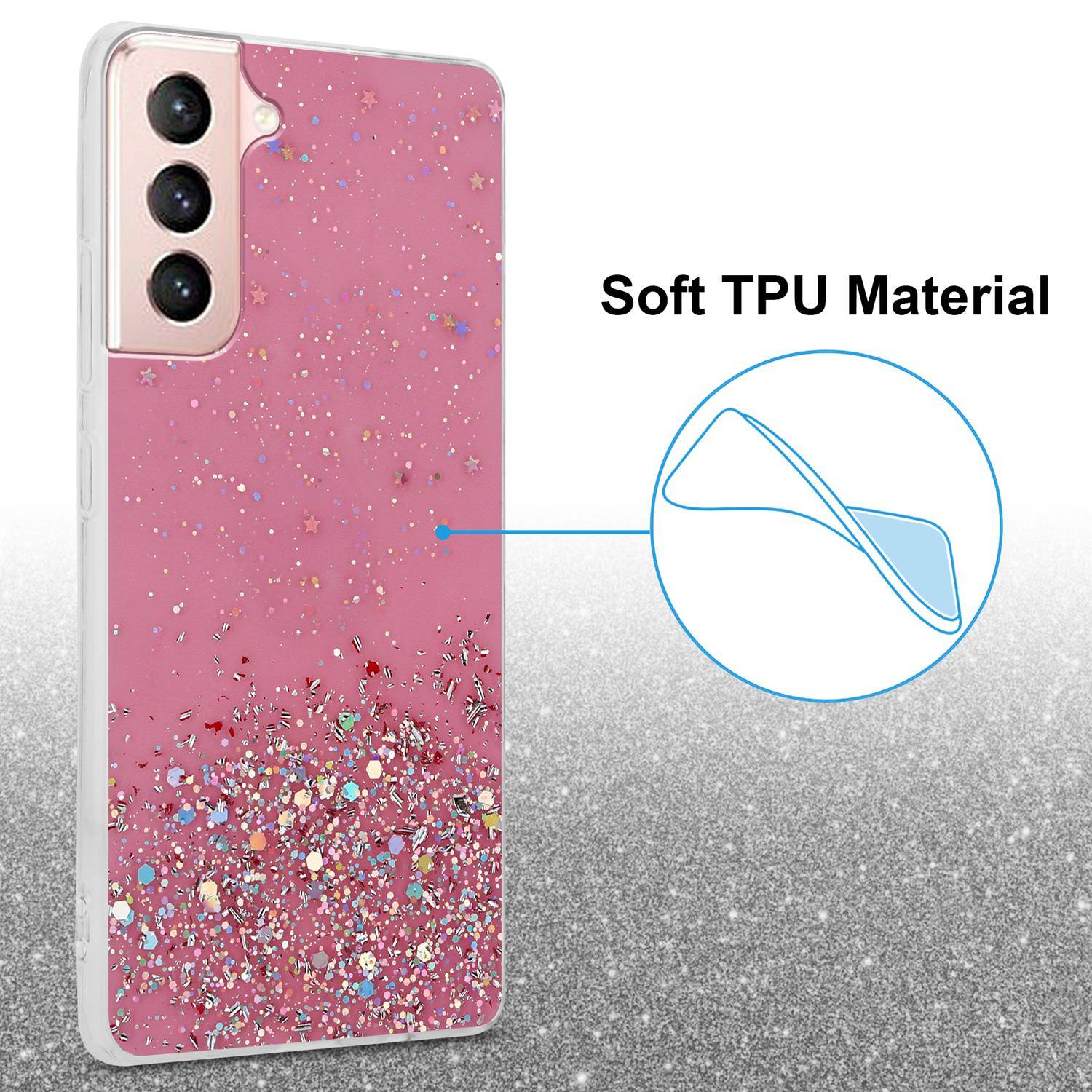 Cadorabo Hülle für Samsung Galaxy S21 5G Schutz Hülle in Rosa Handyhülle TPU Etui Glitter Cover Case Glitzer