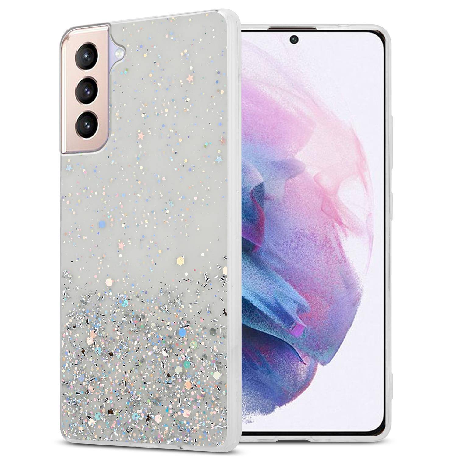 Cadorabo Hülle für Samsung Galaxy S21 PLUS Schutz Hülle in Transparent Handyhülle TPU Etui Glitter Cover Case Glitzer