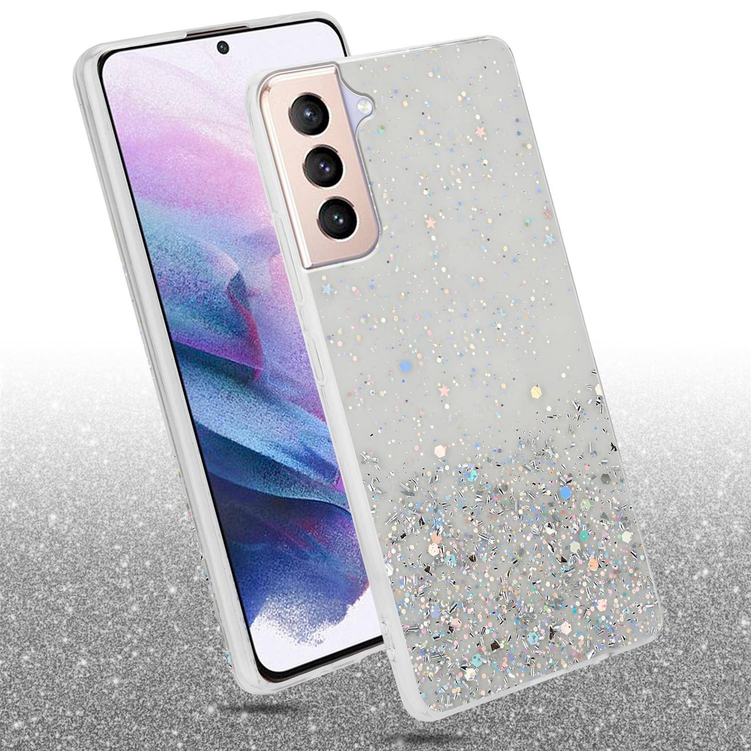 Cadorabo Hülle für Samsung Galaxy S21 PLUS Schutz Hülle in Transparent Handyhülle TPU Etui Glitter Cover Case Glitzer