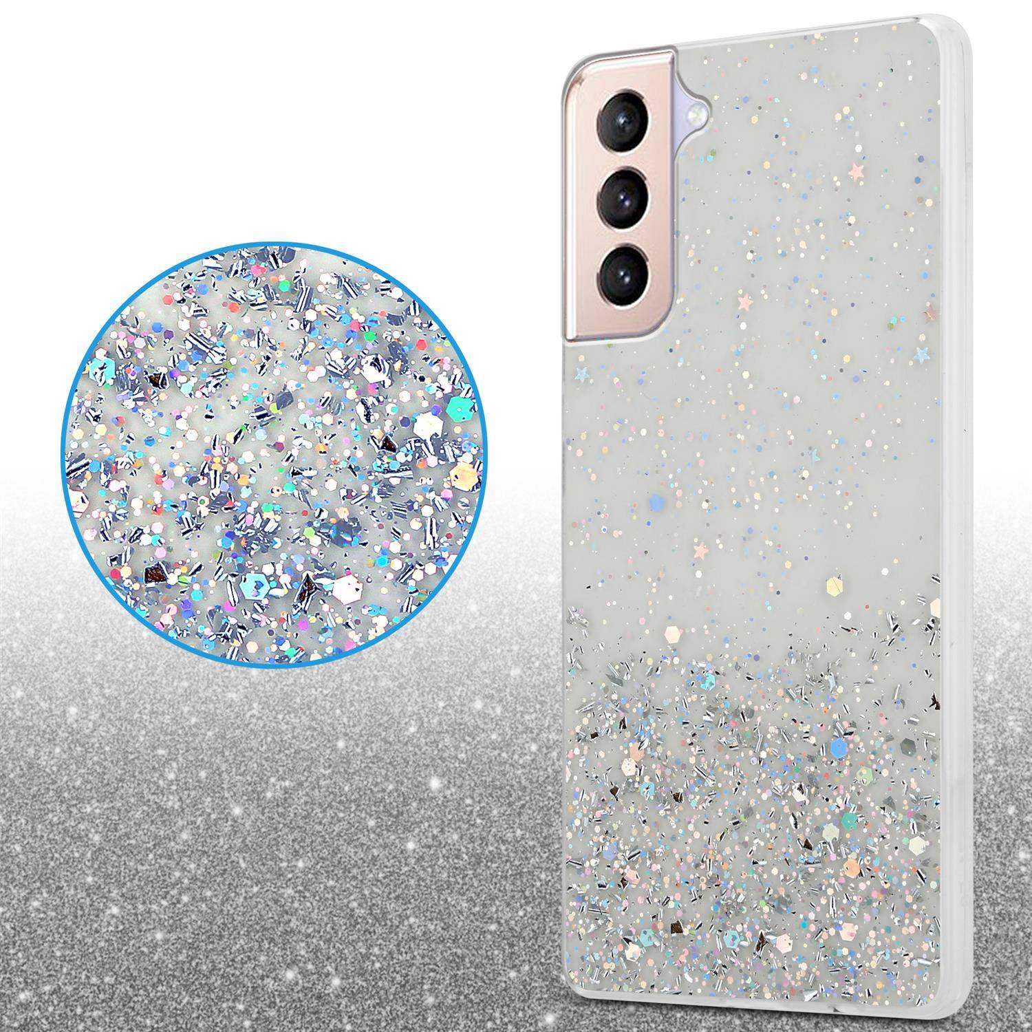 Cadorabo Hülle für Samsung Galaxy S21 PLUS Schutz Hülle in Transparent Handyhülle TPU Etui Glitter Cover Case Glitzer