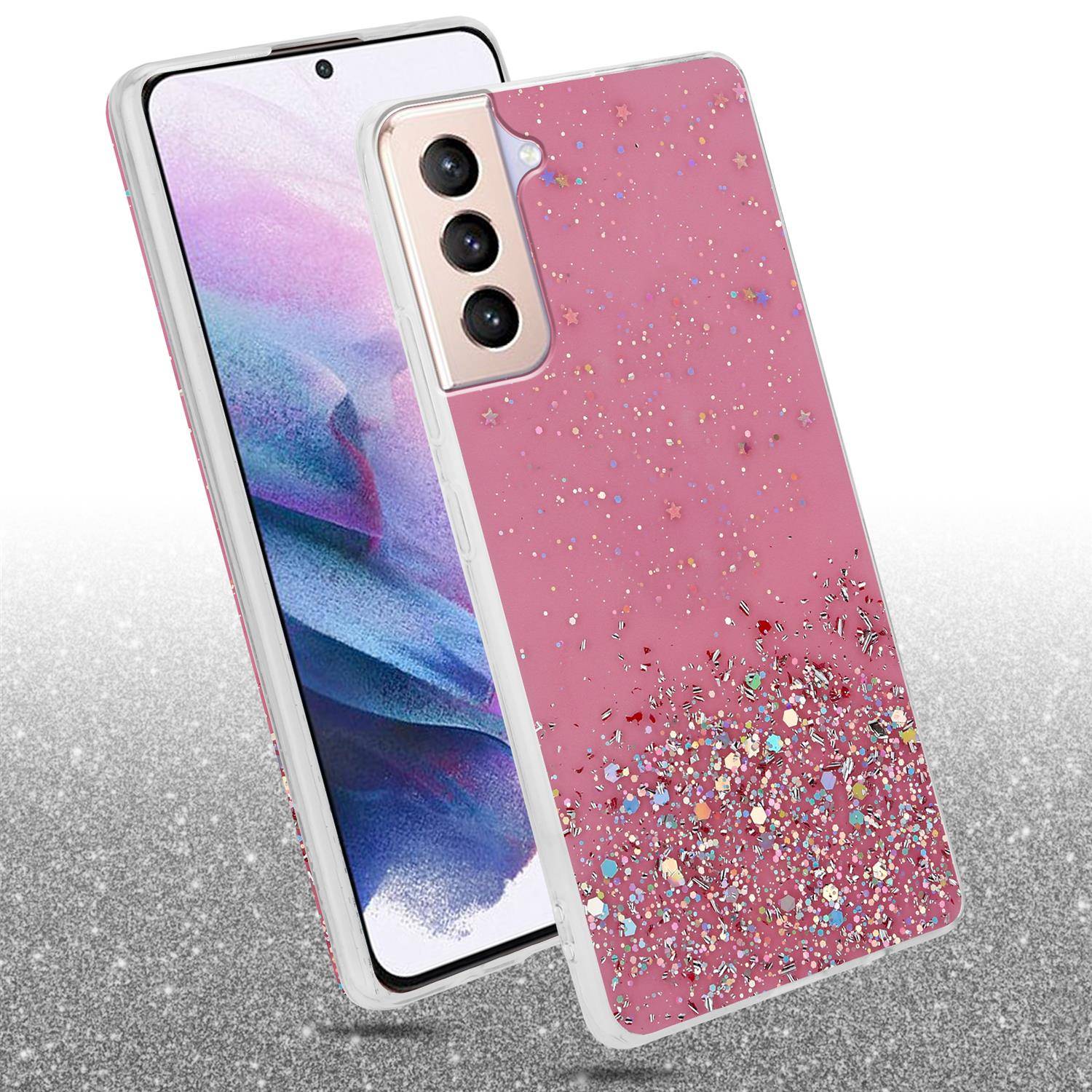 Cadorabo Hülle für Samsung Galaxy S21 PLUS Schutz Hülle in Rosa Handyhülle TPU Etui Glitter Cover Case Glitzer