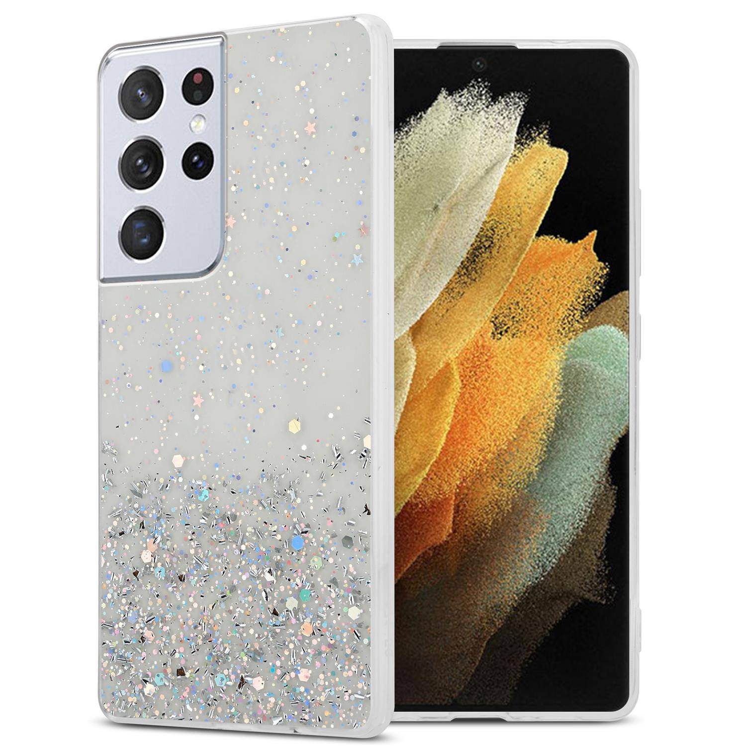 Cadorabo Hülle für Samsung Galaxy S21 ULTRA Schutz Hülle in Transparent Handyhülle TPU Etui Glitter Cover Case Glitzer