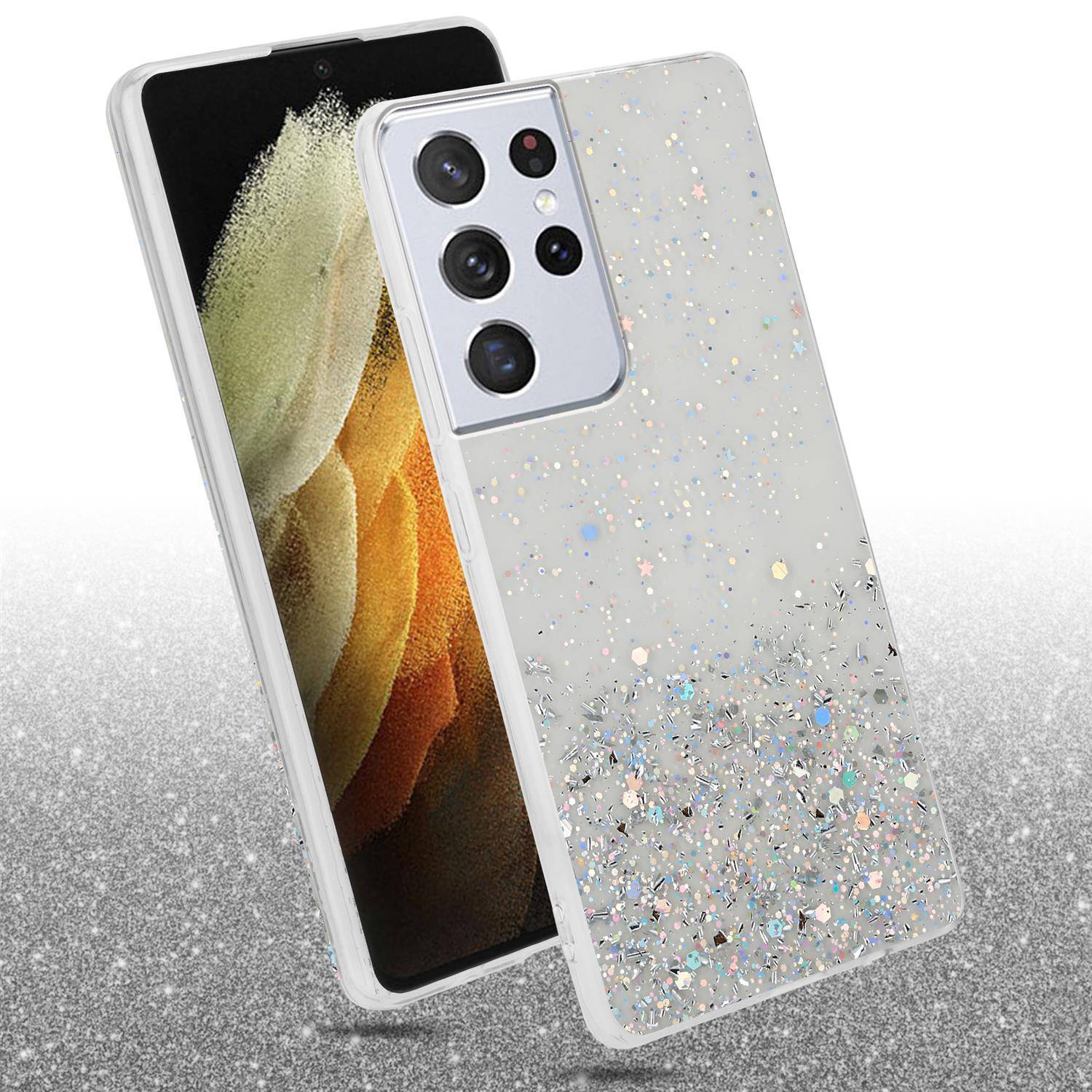 Cadorabo Hülle für Samsung Galaxy S21 ULTRA Schutz Hülle in Transparent Handyhülle TPU Etui Glitter Cover Case Glitzer