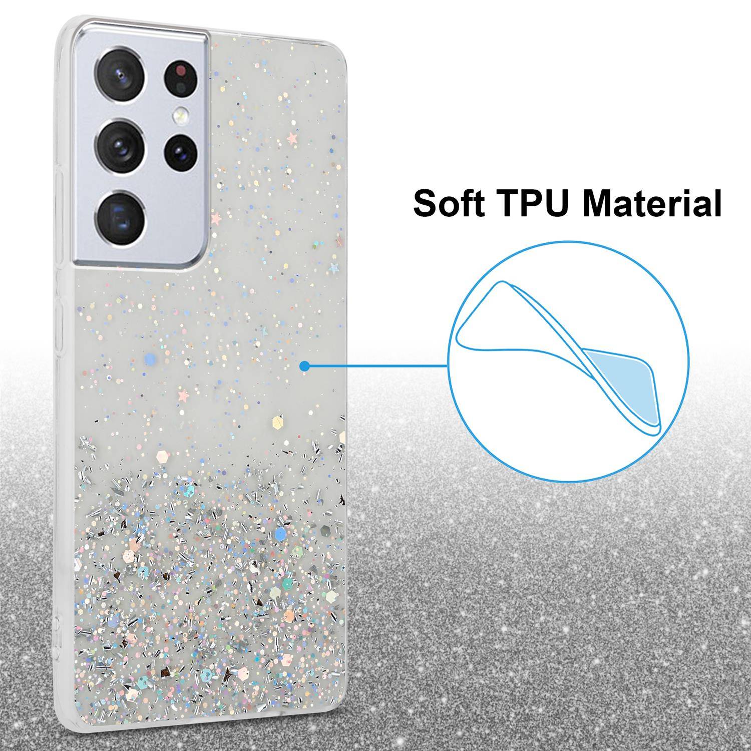 Cadorabo Hülle für Samsung Galaxy S21 ULTRA Schutz Hülle in Transparent Handyhülle TPU Etui Glitter Cover Case Glitzer