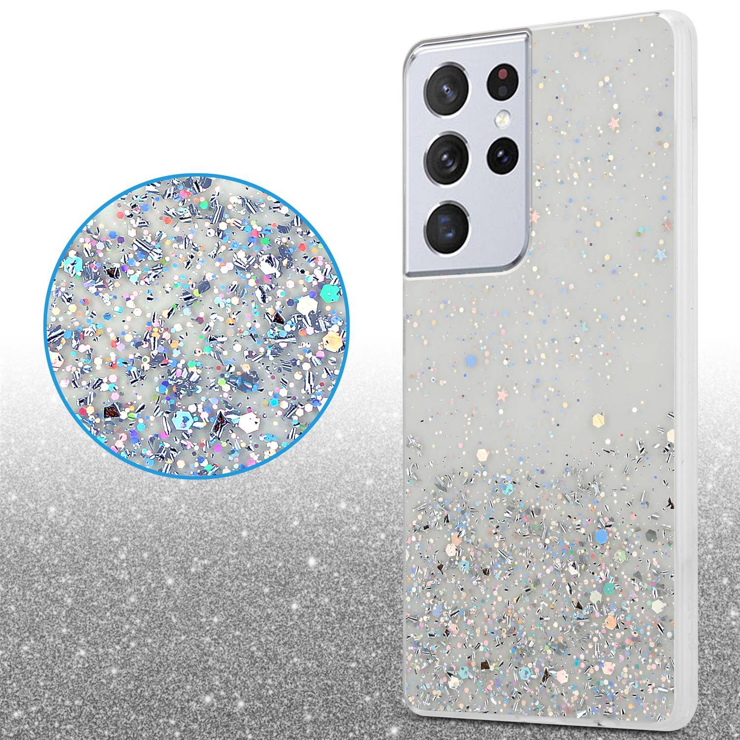 Cadorabo Hülle für Samsung Galaxy S21 ULTRA Schutz Hülle in Transparent Handyhülle TPU Etui Glitter Cover Case Glitzer