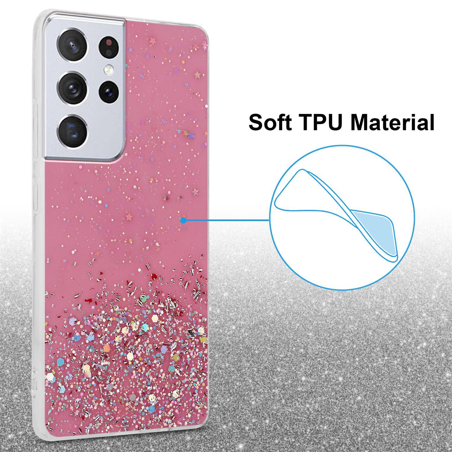 Cadorabo Hülle für Samsung Galaxy S21 ULTRA Schutz Hülle in Rosa Handyhülle TPU Etui Glitter Cover Case Glitzer