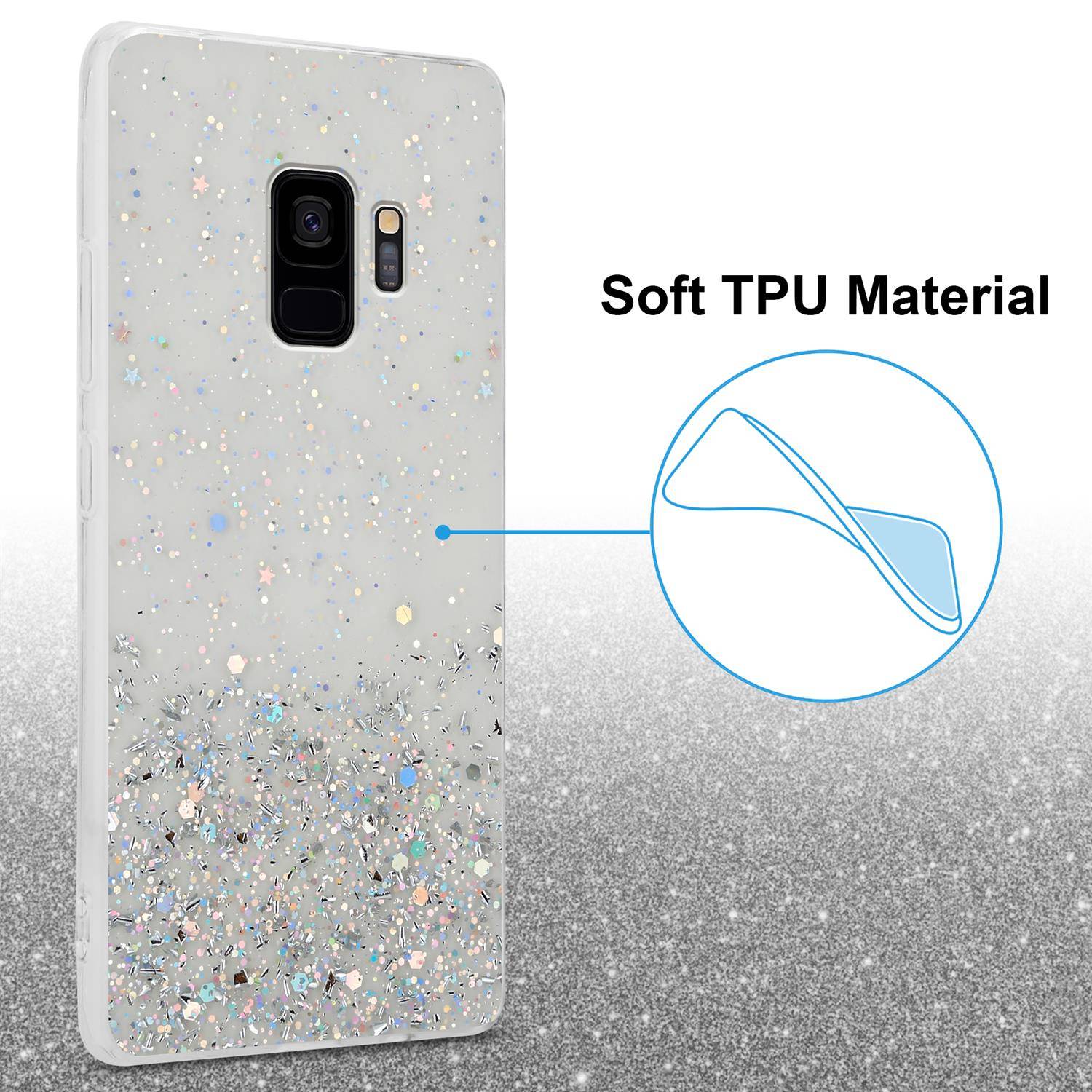 Cadorabo Hülle für Samsung Galaxy S9 Schutz Hülle in Transparent Handyhülle TPU Etui Glitter Cover Case Glitzer