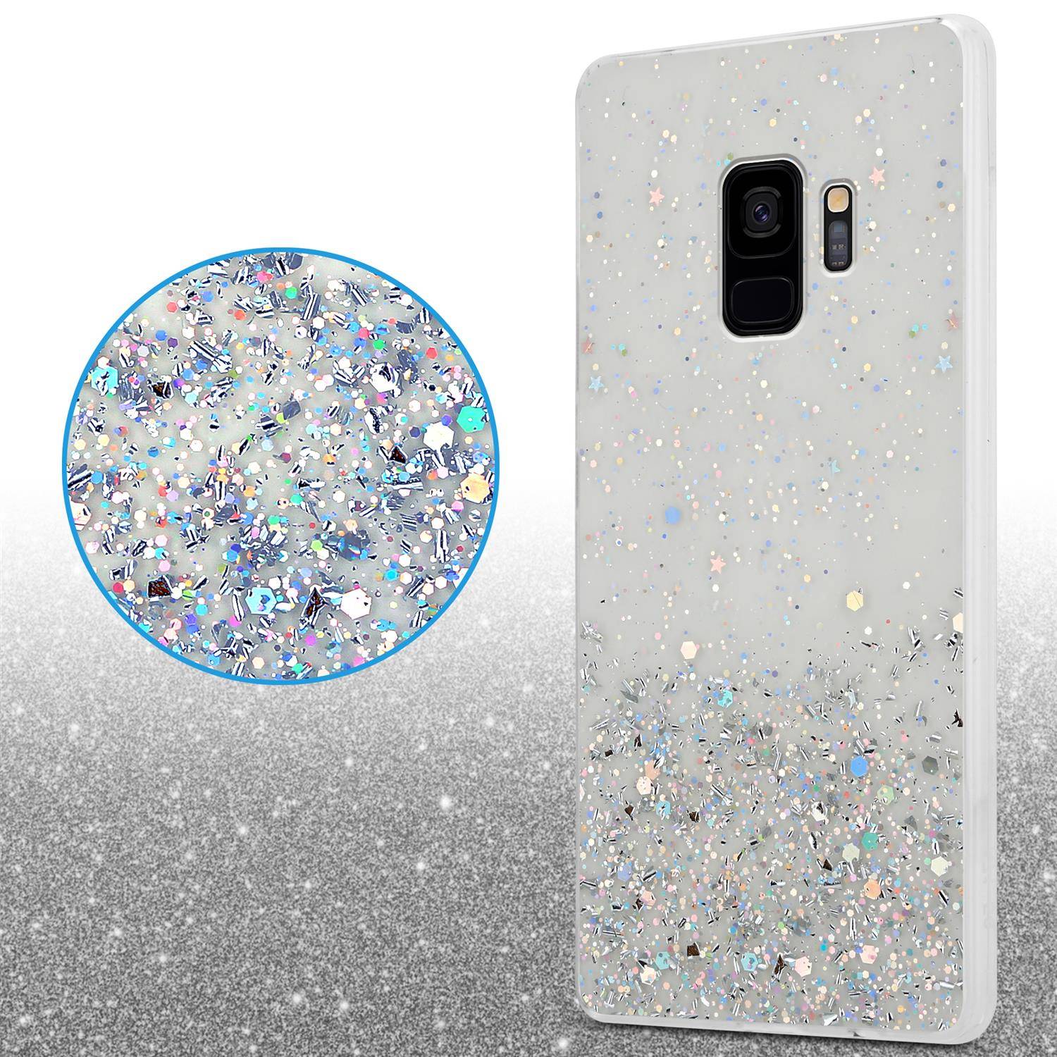 Cadorabo Hülle für Samsung Galaxy S9 Schutz Hülle in Transparent Handyhülle TPU Etui Glitter Cover Case Glitzer