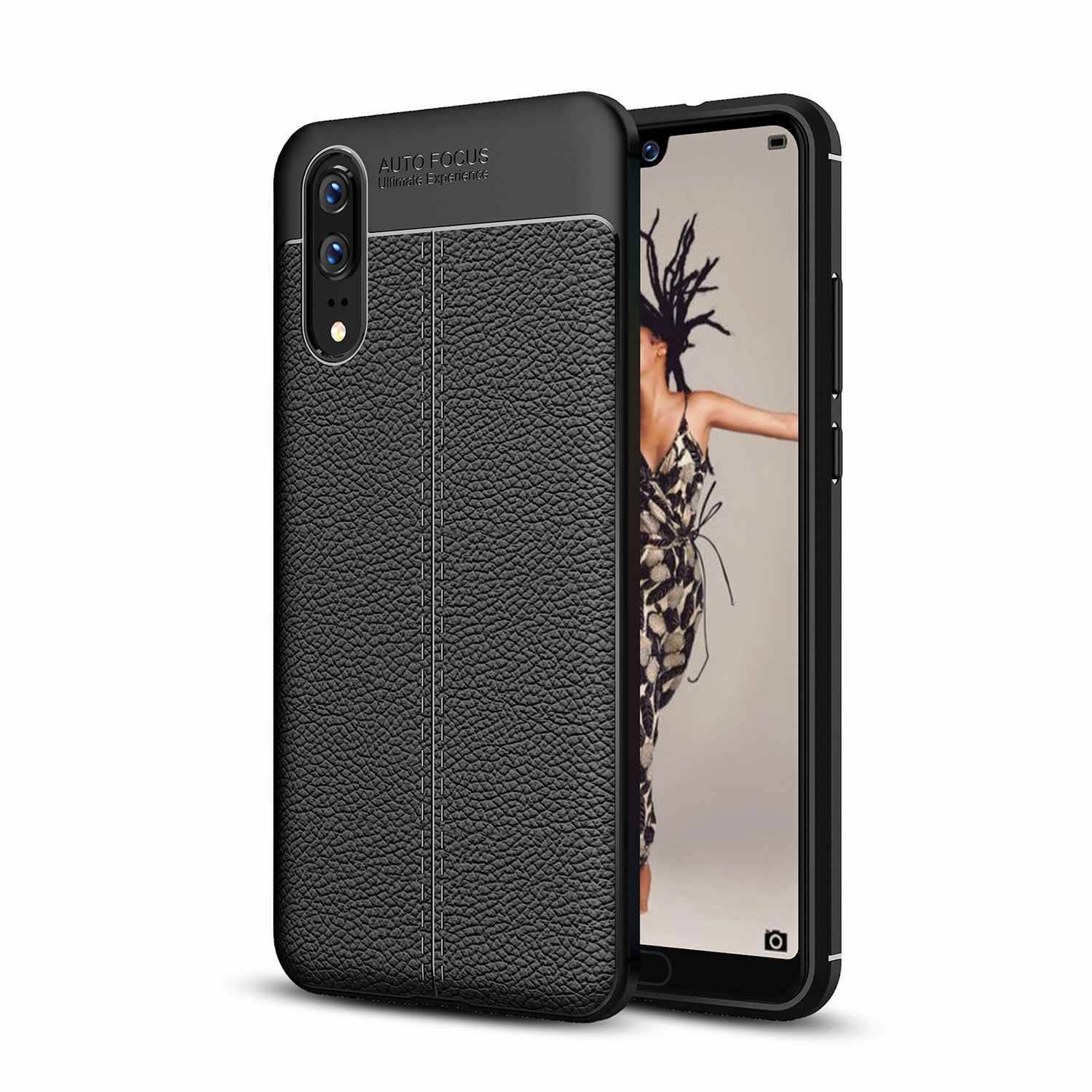 Cadorabo Hülle für Huawei P20 Schutzhülle in Schwarz Handyhülle TPU Etui Kunstleder-Applikation