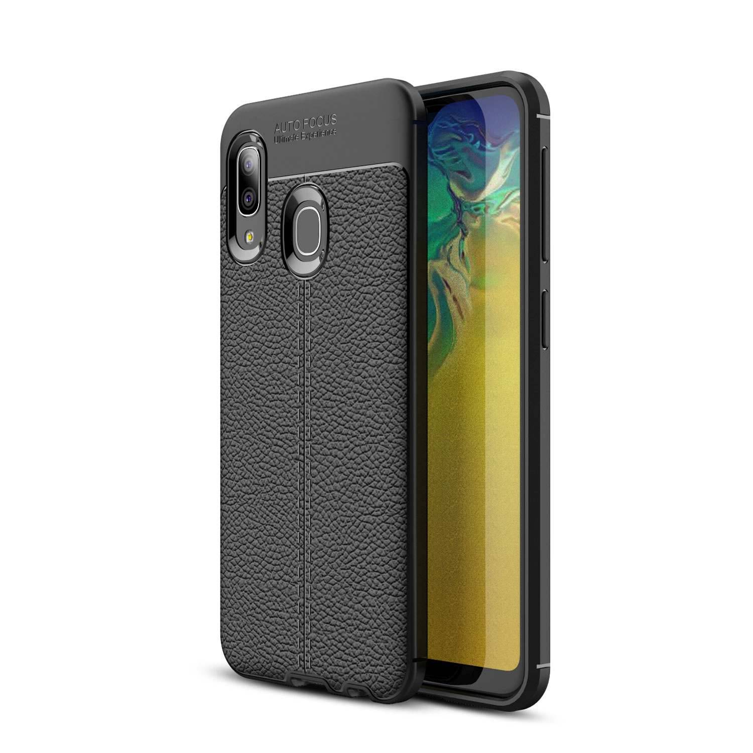 Cadorabo Hülle für Samsung Galaxy A10e / A20e Schutzhülle in Schwarz Handyhülle TPU Etui Kunstleder-Applikation