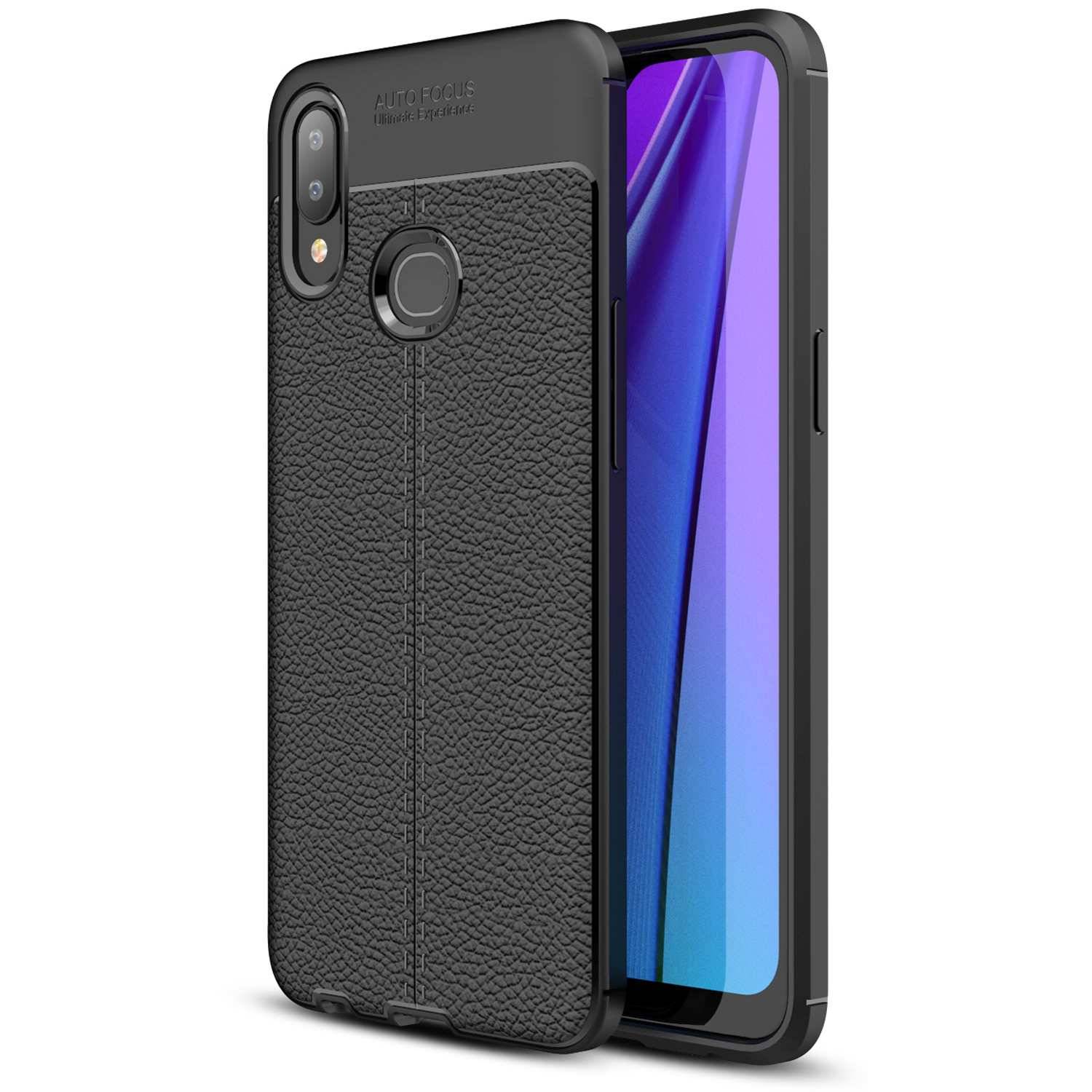 Cadorabo Hülle für Samsung Galaxy A10s / M01s Schutzhülle in Schwarz Handyhülle TPU Etui Kunstleder-Applikation
