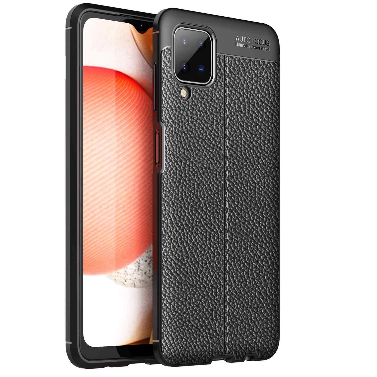 Cadorabo Hülle für Samsung Galaxy A12 / M12 Schutzhülle in Schwarz Handyhülle TPU Etui Kunstleder-Applikation