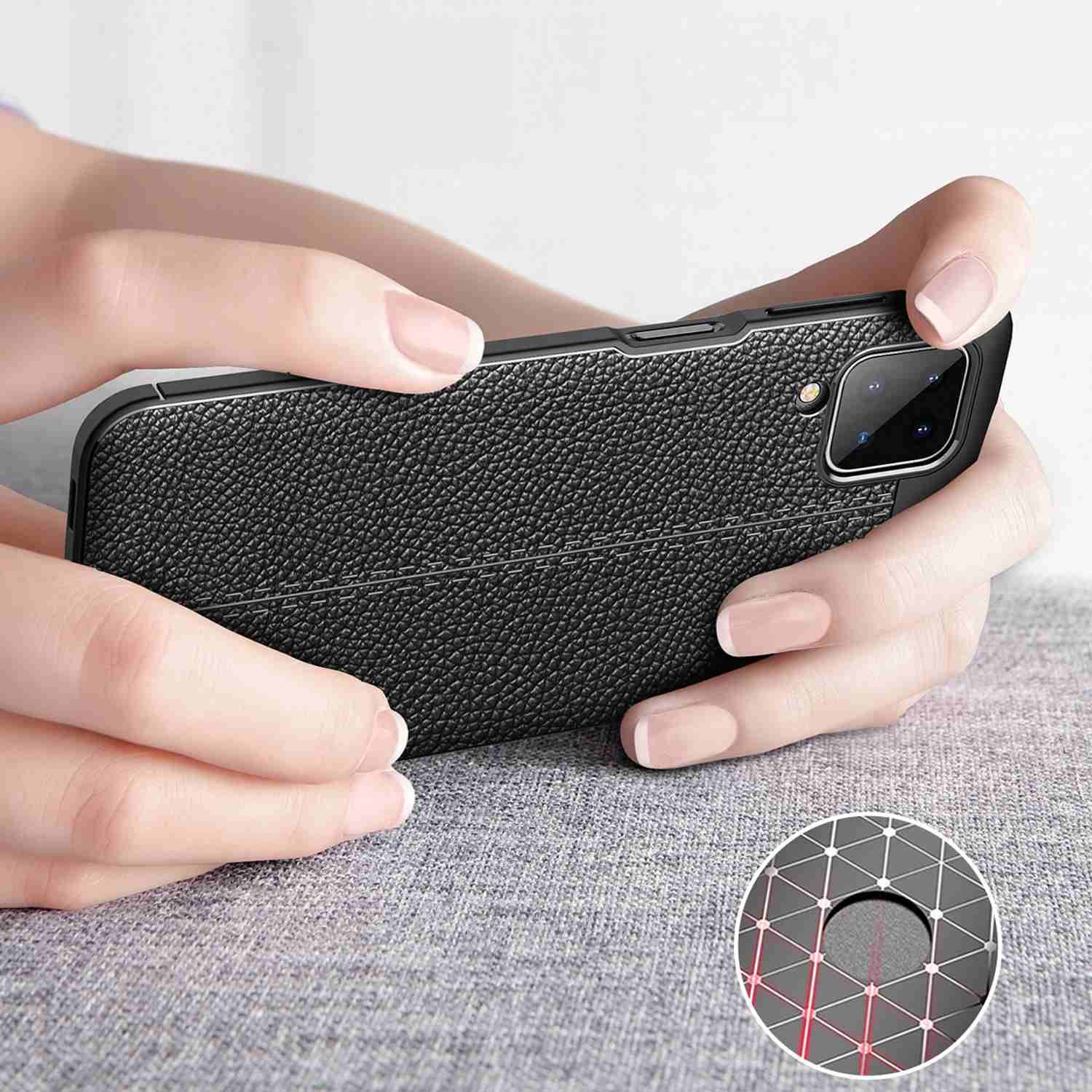 Cadorabo Hülle für Samsung Galaxy A12 / M12 Schutzhülle in Schwarz Handyhülle TPU Etui Kunstleder-Applikation