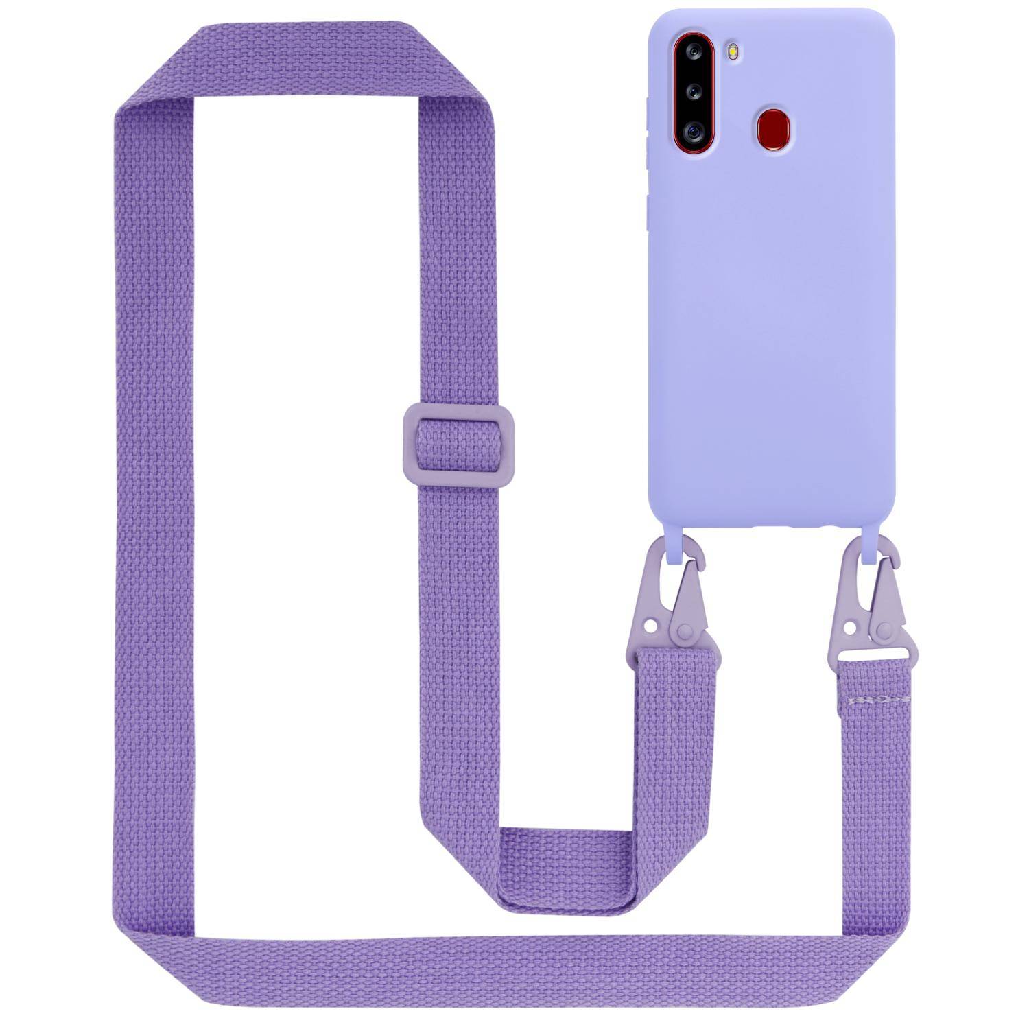 Cadorabo Schutzhülle für Samsung Galaxy A21 Hülle in Lila Handykette Etui längenverstellbar Kordel Band