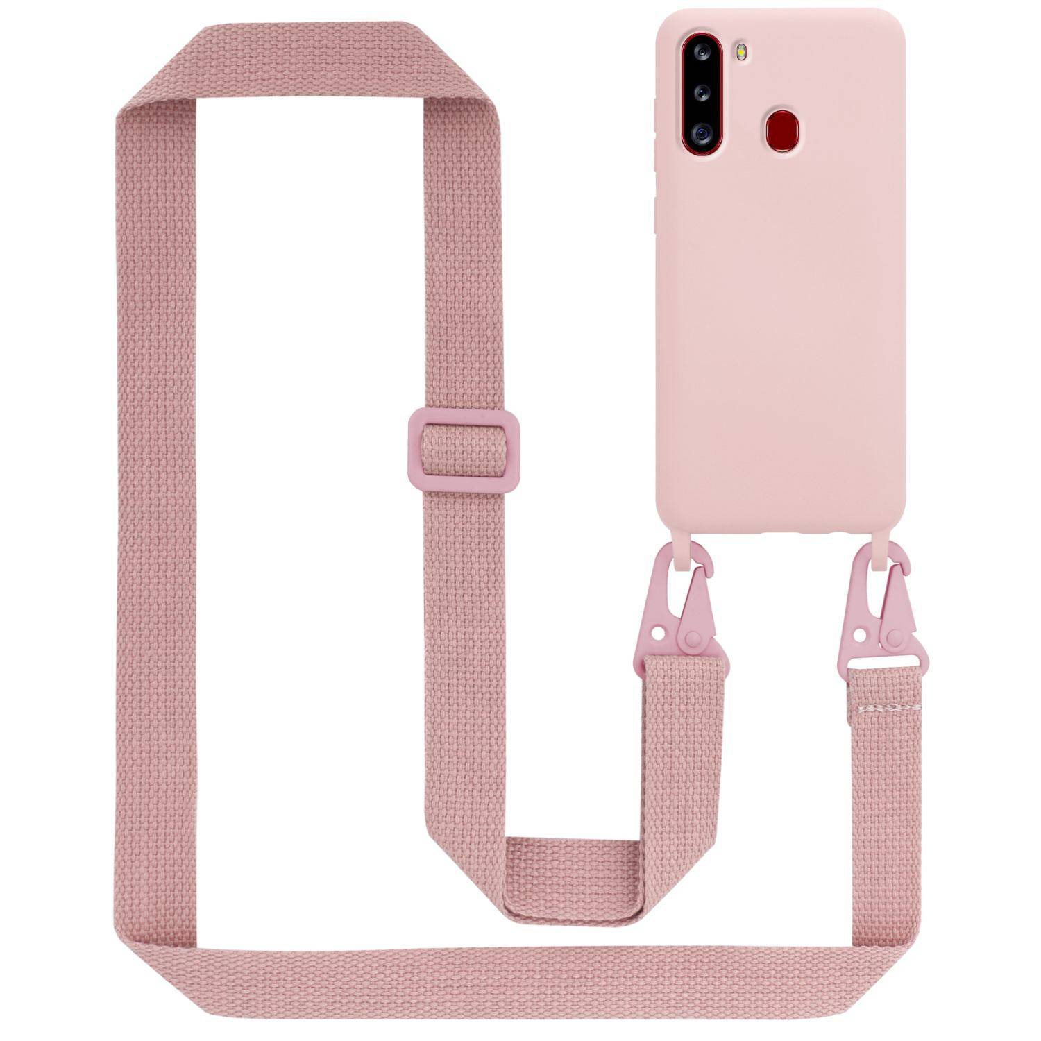 Cadorabo Schutzhülle für Samsung Galaxy A21 Hülle in Rosa Handykette Etui längenverstellbar Kordel Band